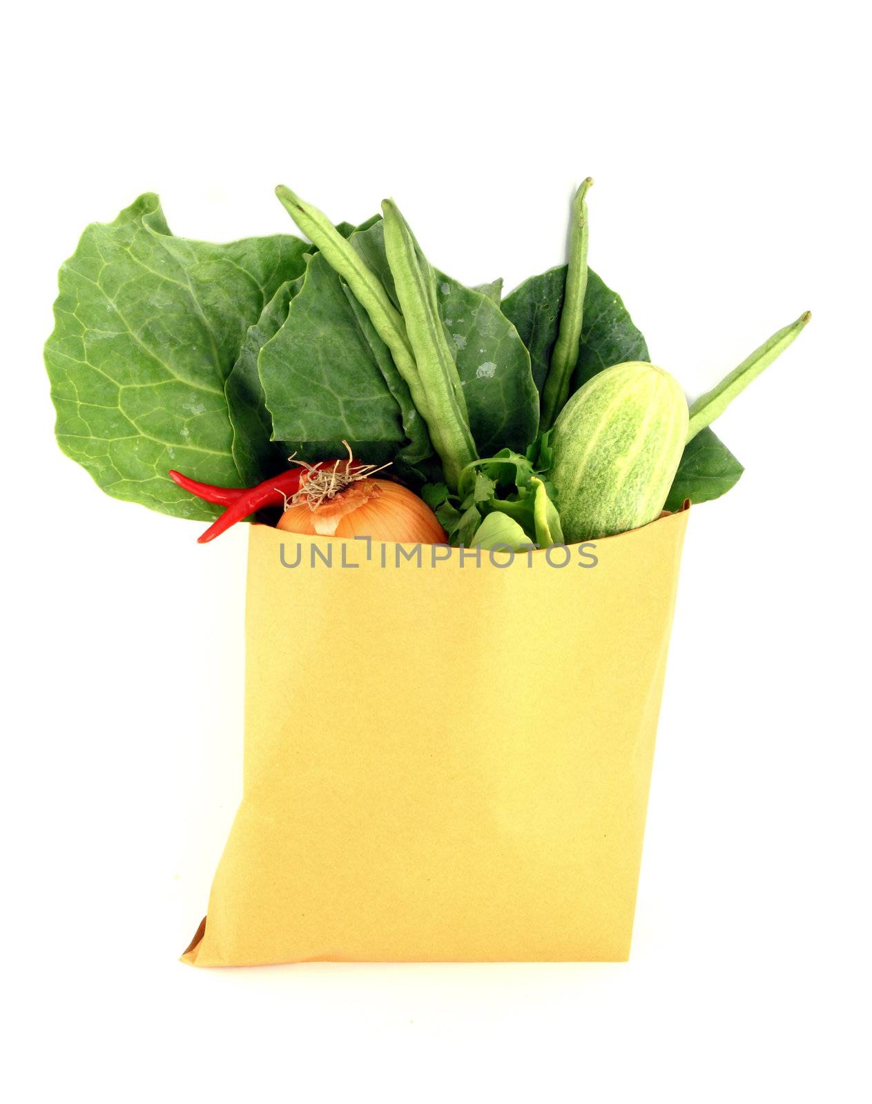 Assorted vegetables in brown bag isolated over white background by geargodz