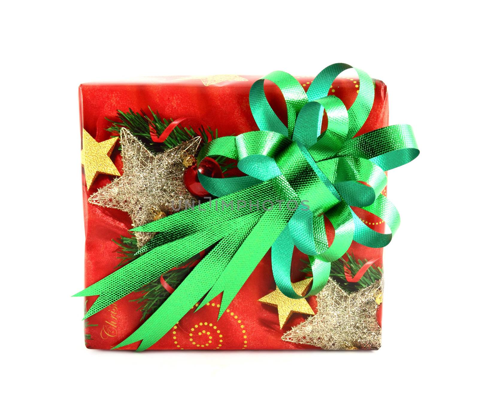 Christmas gift box with green bow isolated on white background