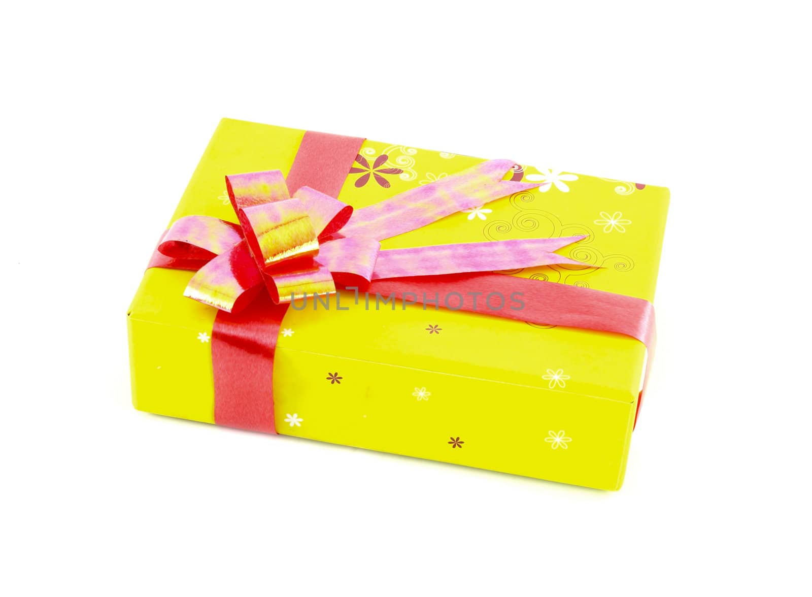 yellow gift box with red ribbon isolated on white background by geargodz