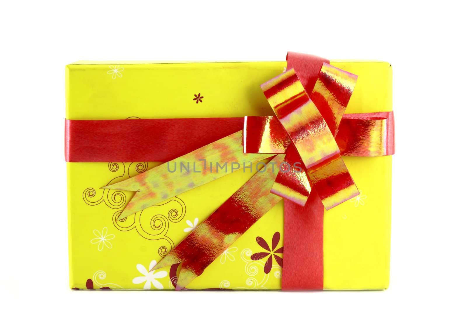 yellow gift box with red ribbon isolated on white background by geargodz