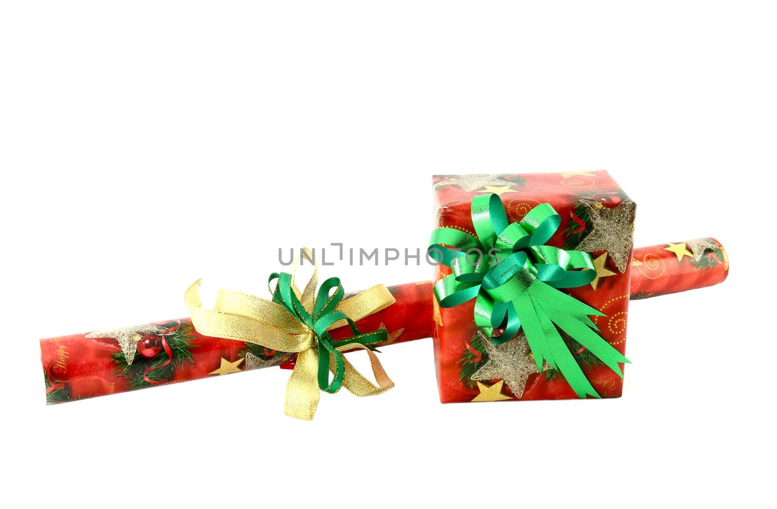 gift box with roll of paper on white background by geargodz