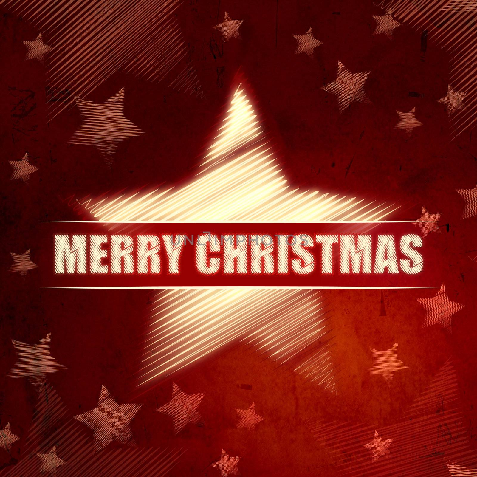 Merry Christmas in striped star symbol over red background with  by marinini