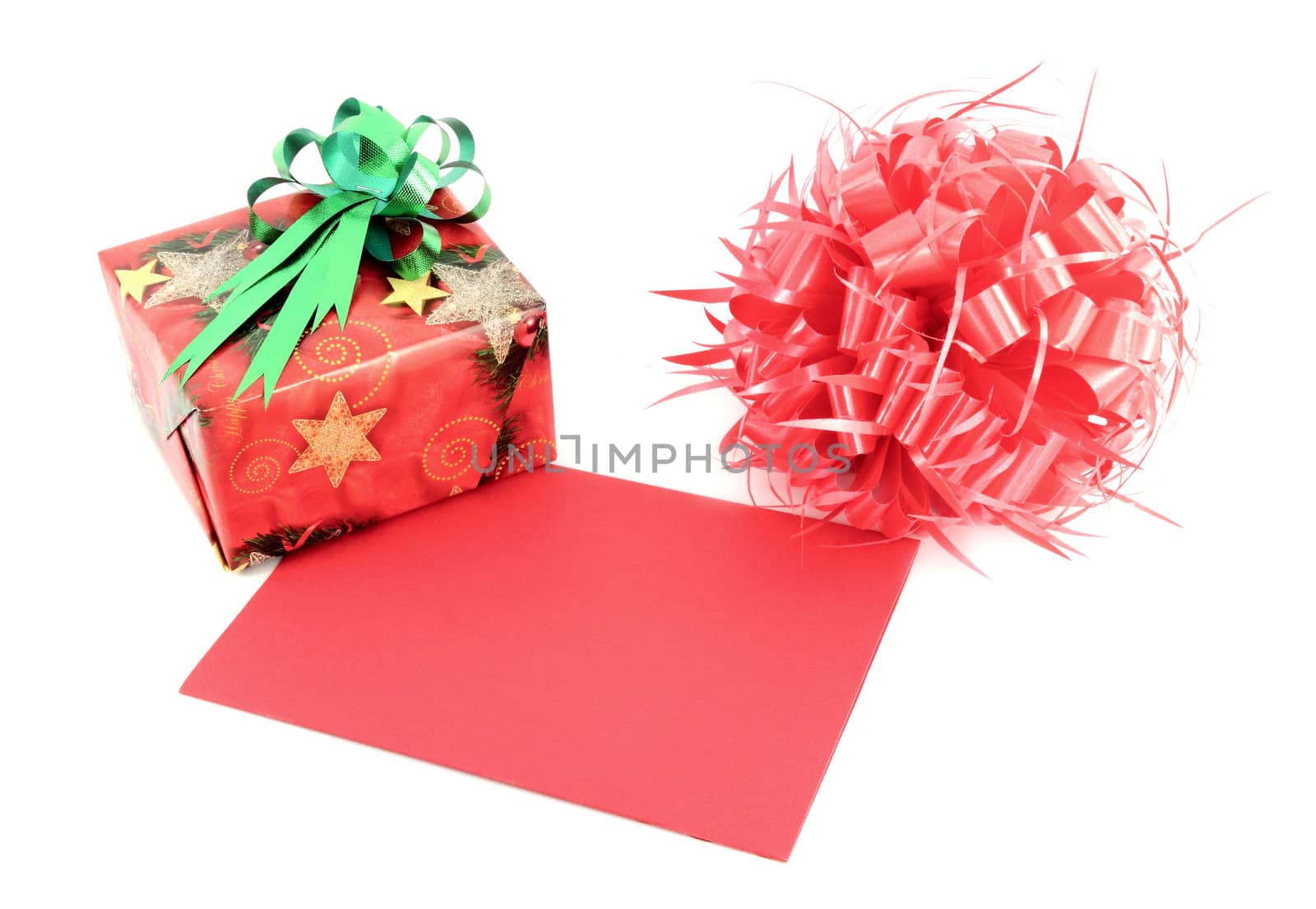 Red gift box and gift card and ribbon bow on white background by geargodz
