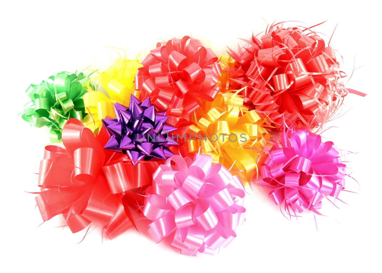 Ribbon gift bow (red, pink, violet, yellow, green) on white background