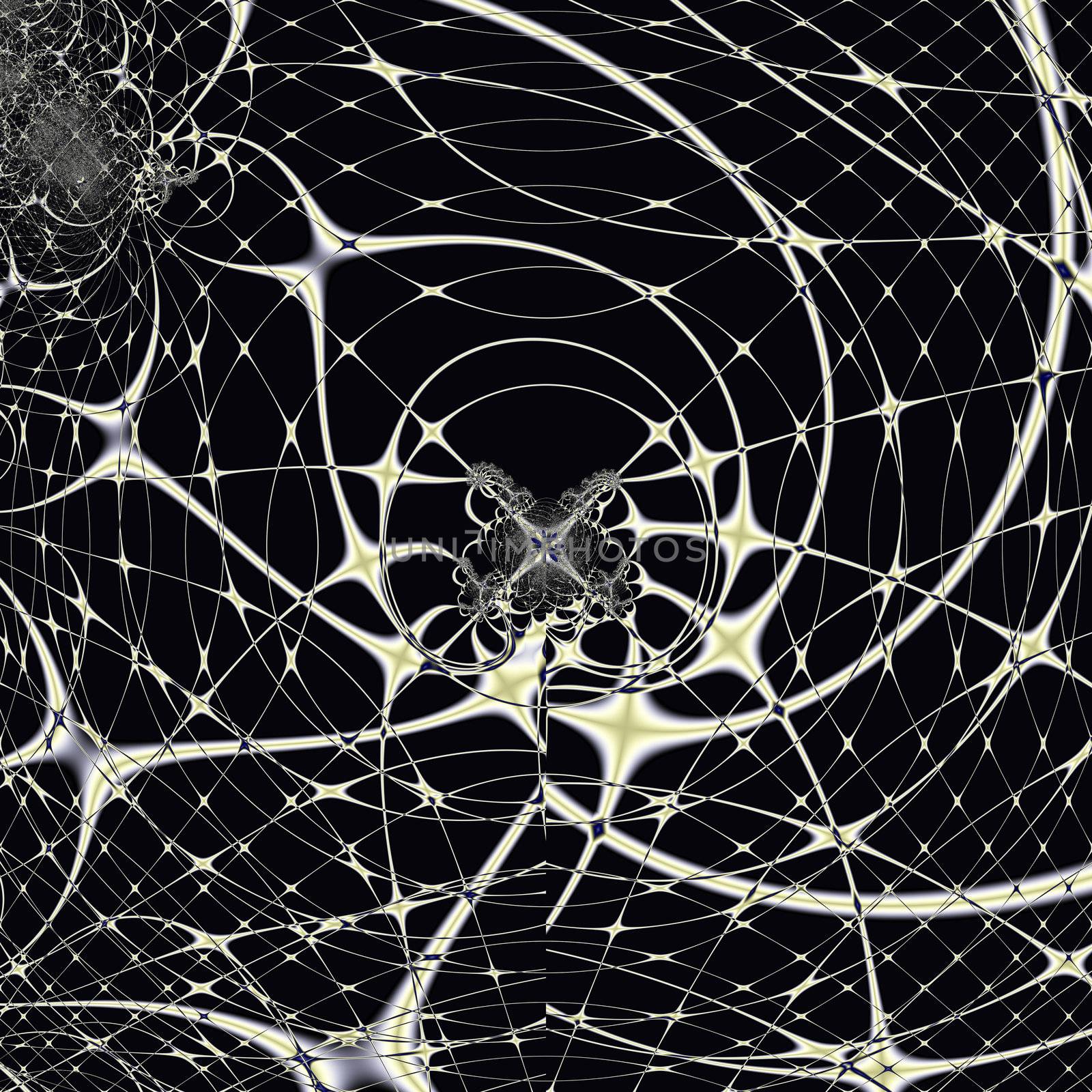 Elegant fractal design, abstract art, golden spiderweb on black background.