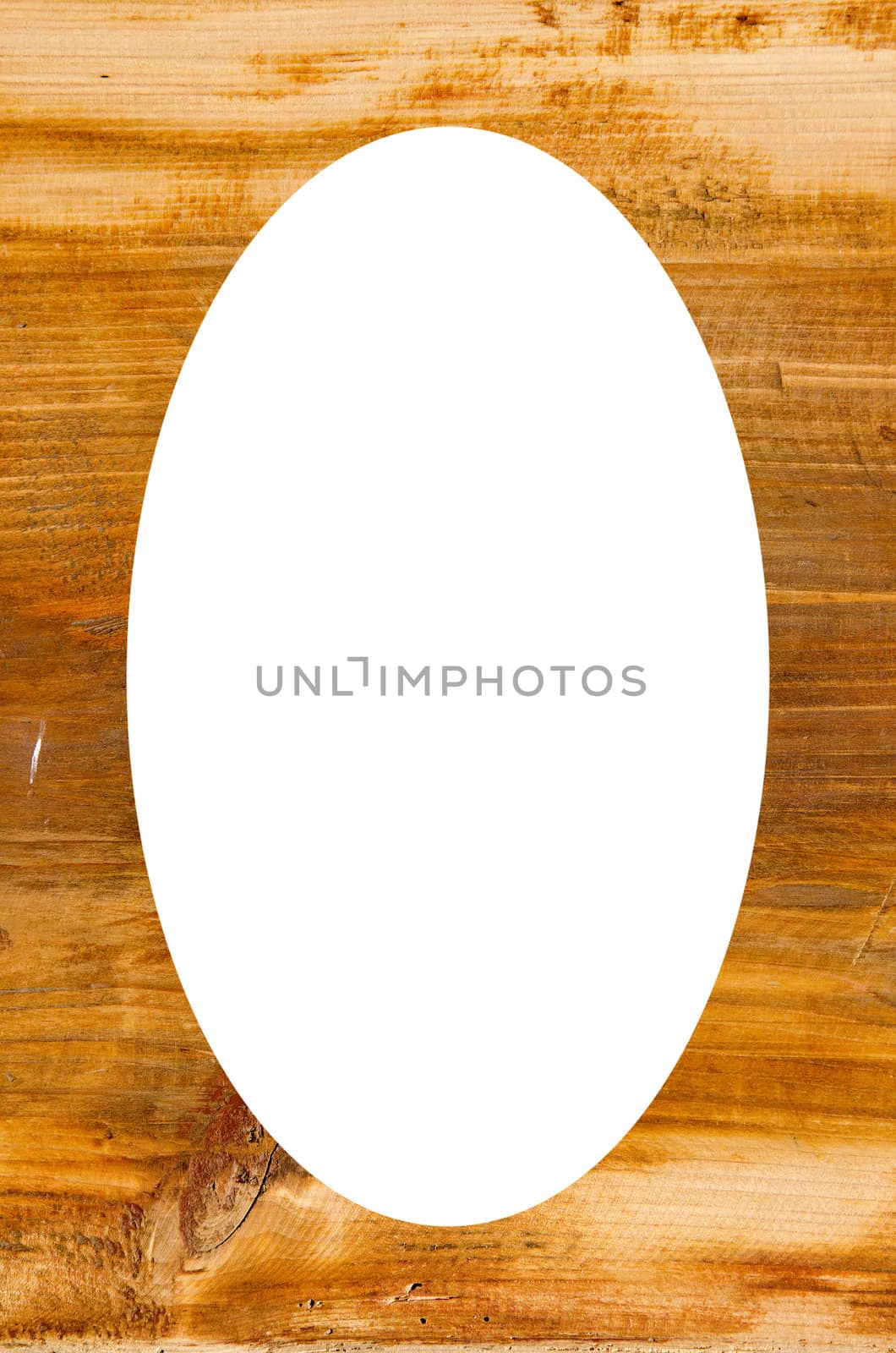 Old lacquered boards and textured surfaces. Wooden background. Isolated white oval place for text photograph image in center of frame.