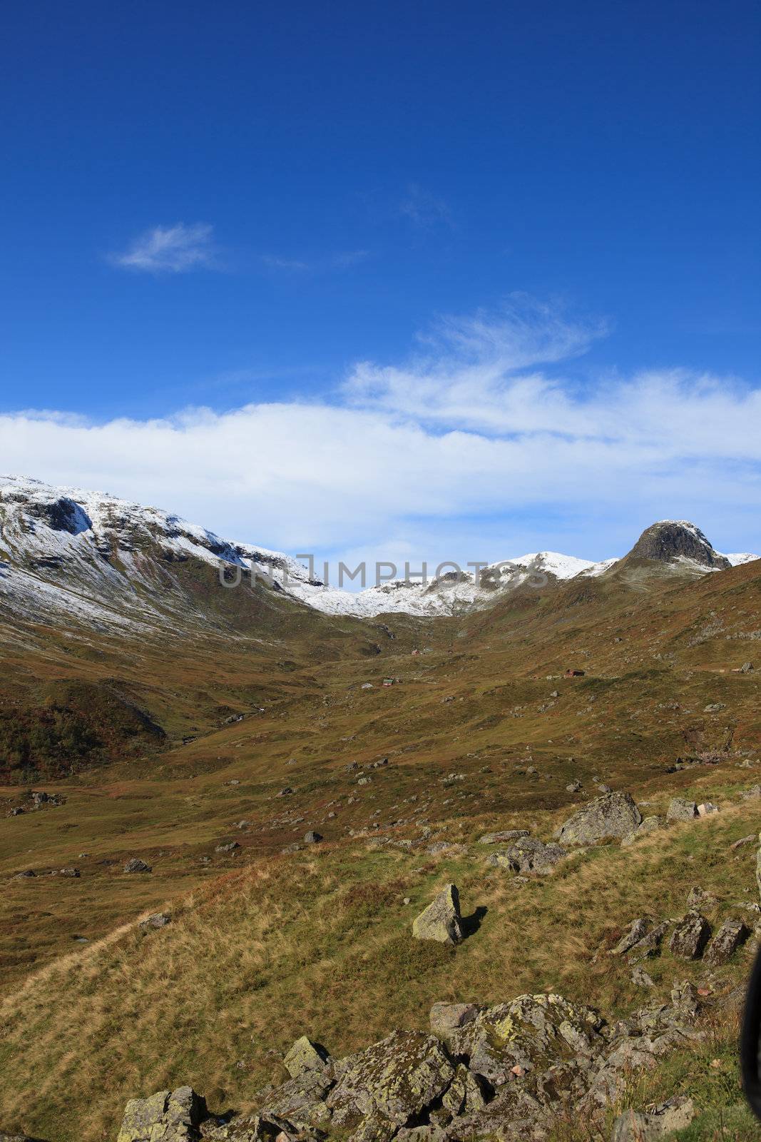 Early Norwegian mountain landscape with snow on peaks