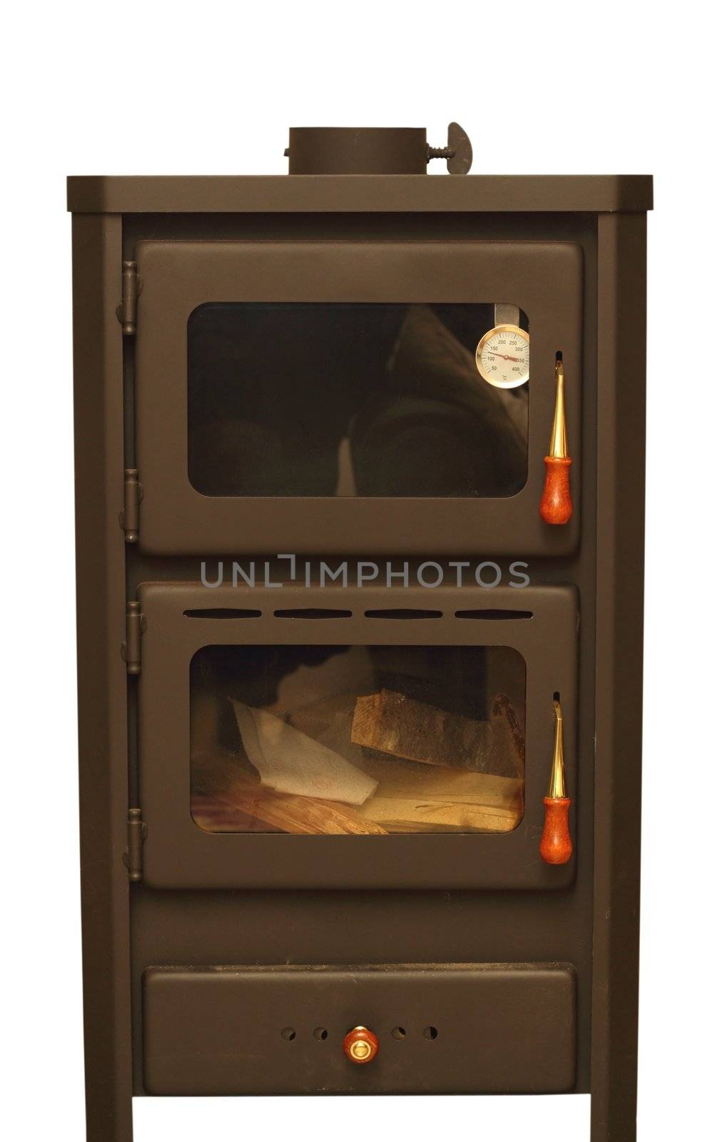 oven with wood ready for fire isolated over white background