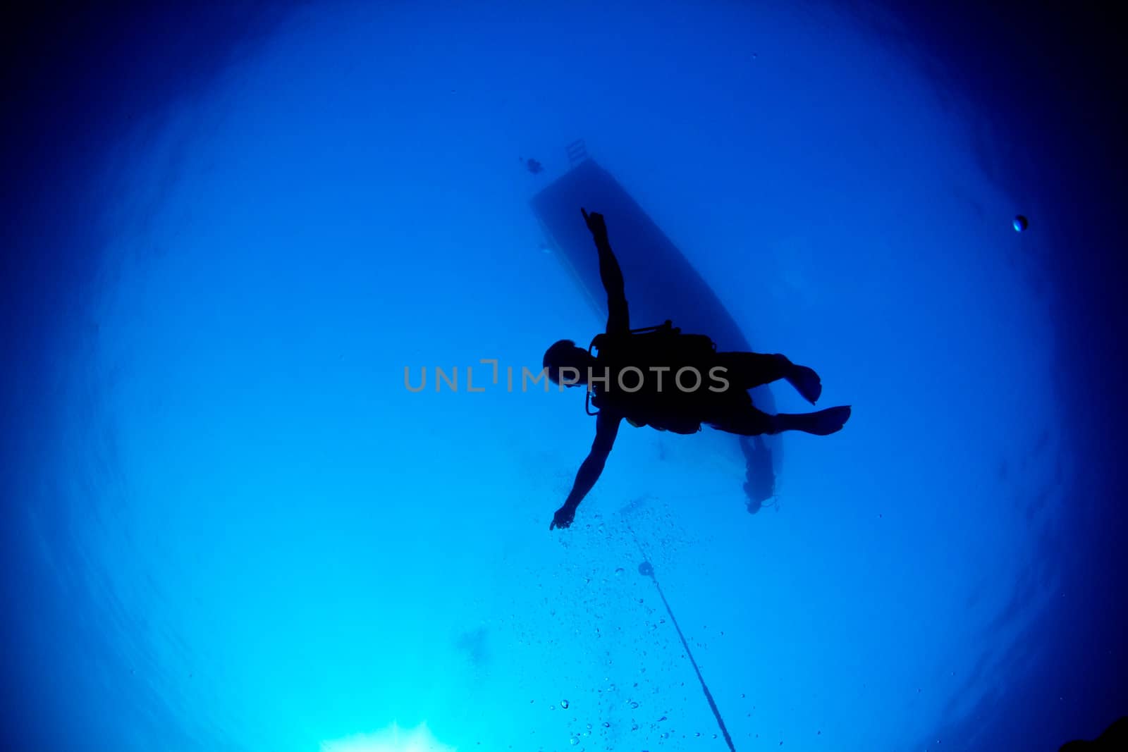 A Scuba diver descends into the blue.