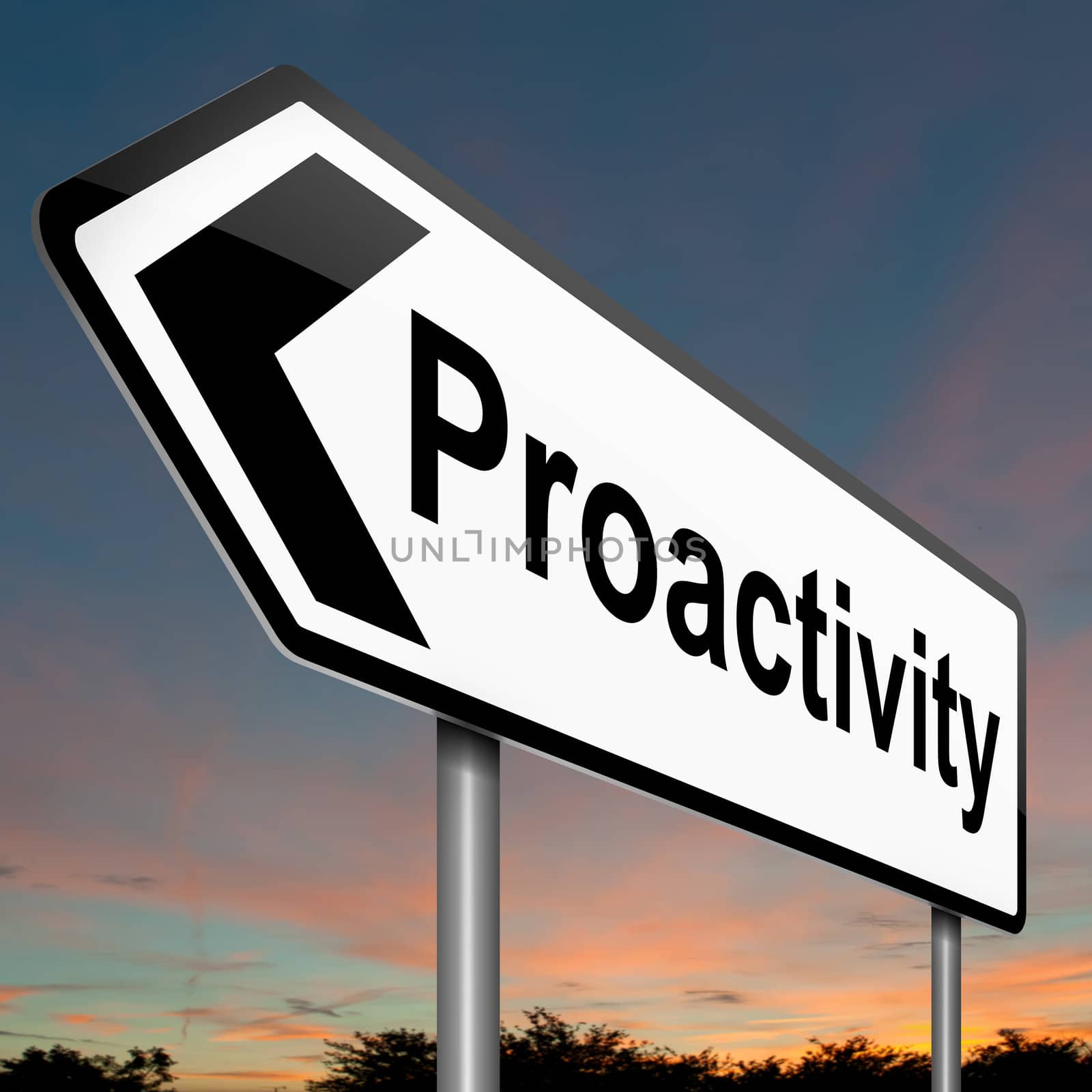 Illustration depicting a roadsign with a proactive concept. Sky background.