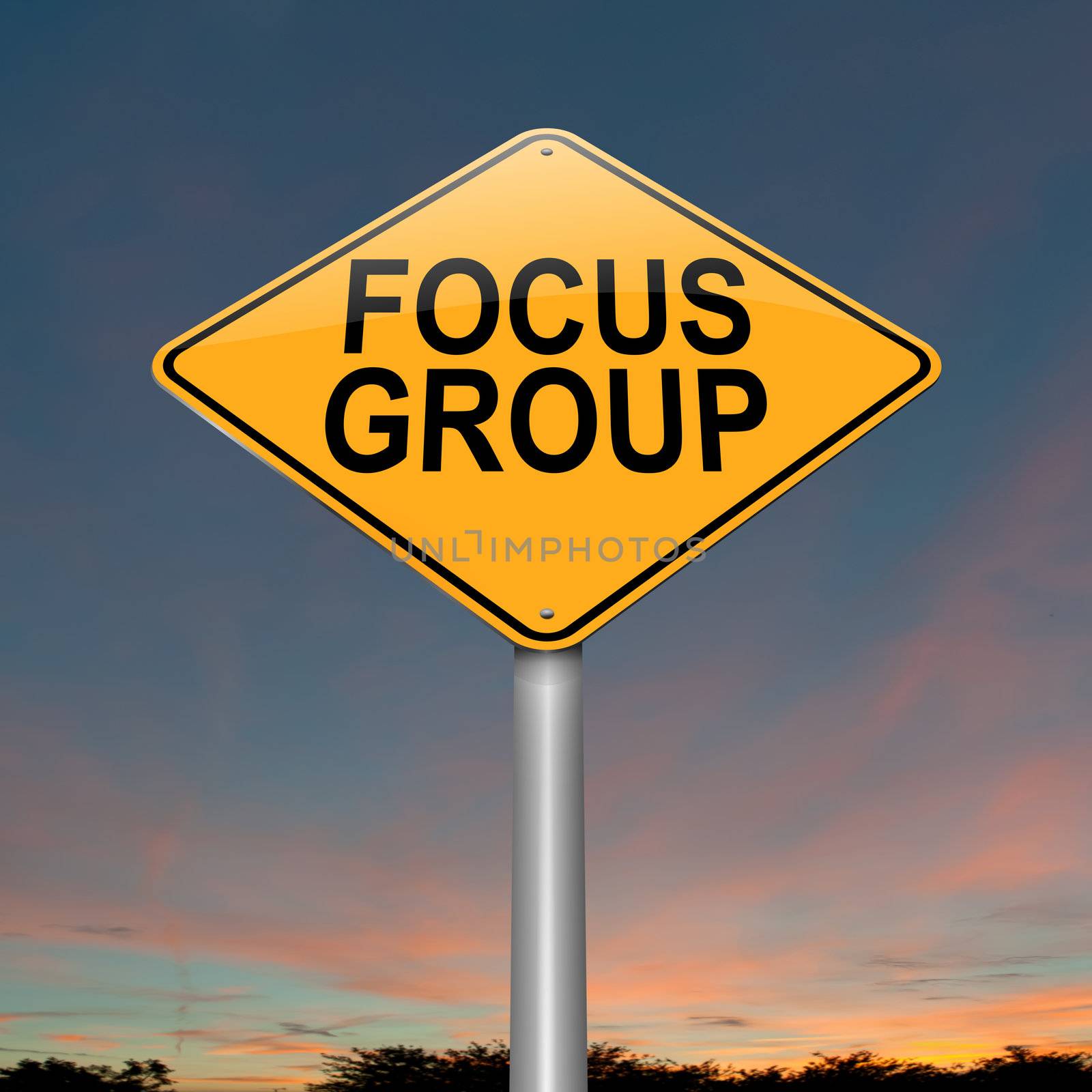 Illustration depicting a roadsign with a focus group concept. Sky background.