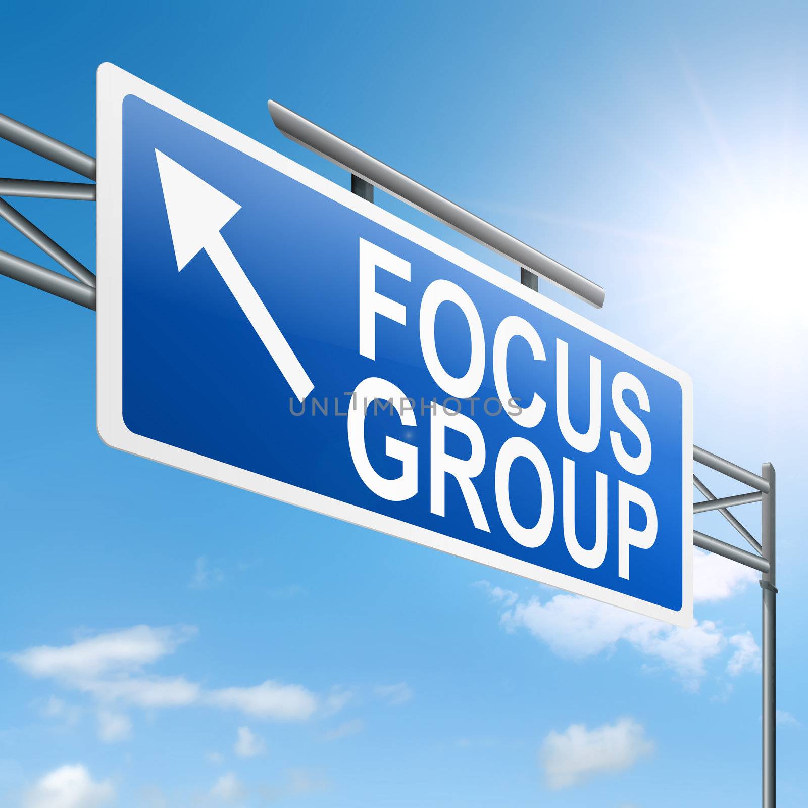 Illustration depicting a roadsign with a focus group concept. White background.