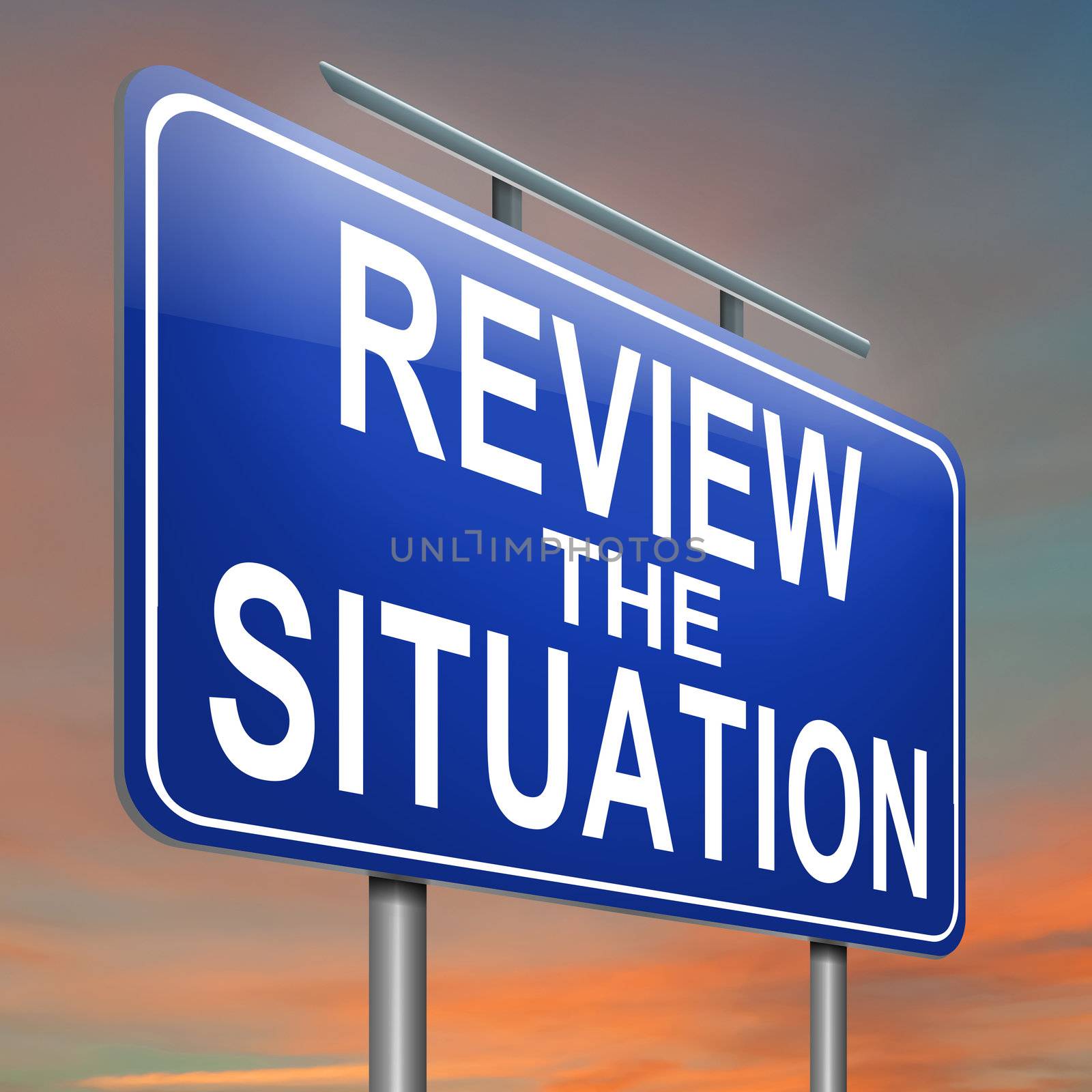 Illustration depicting a roadsign with a review the situation concept. Sky background.