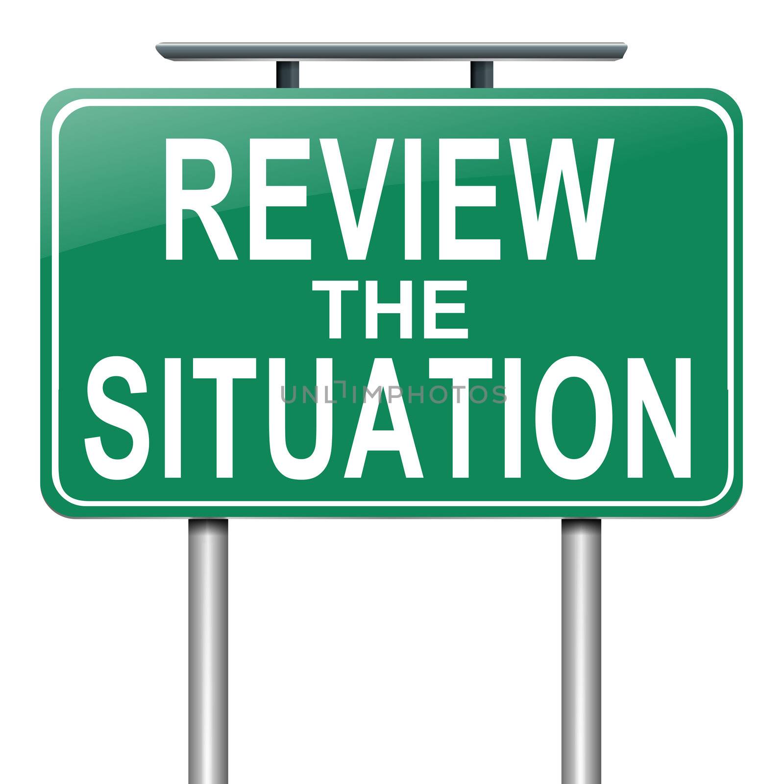 Illustration depicting a roadsign with a review the situation concept. White background.