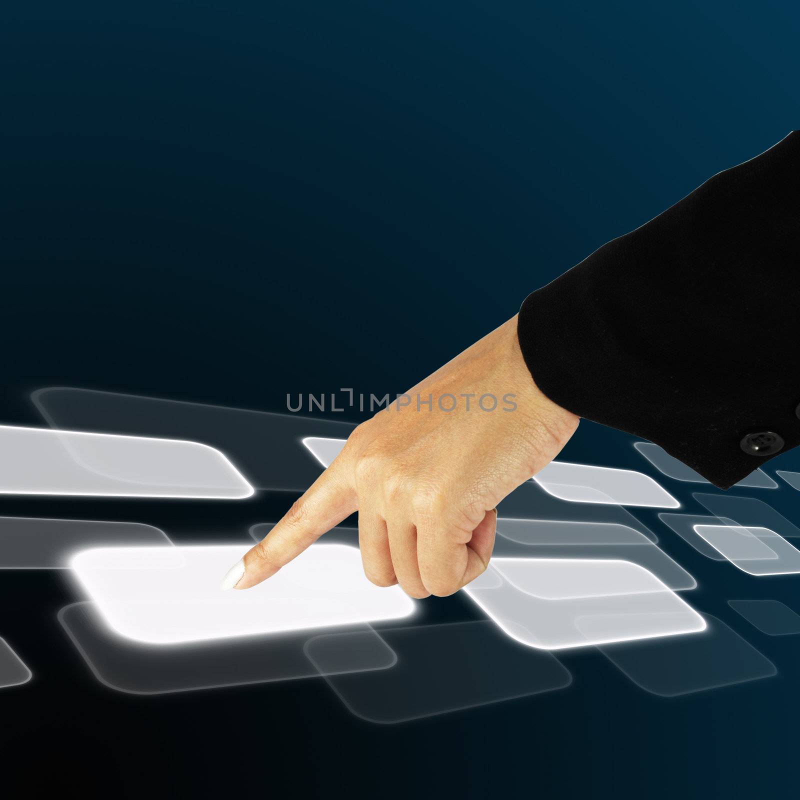 hand pushing a button on a touch screen interface