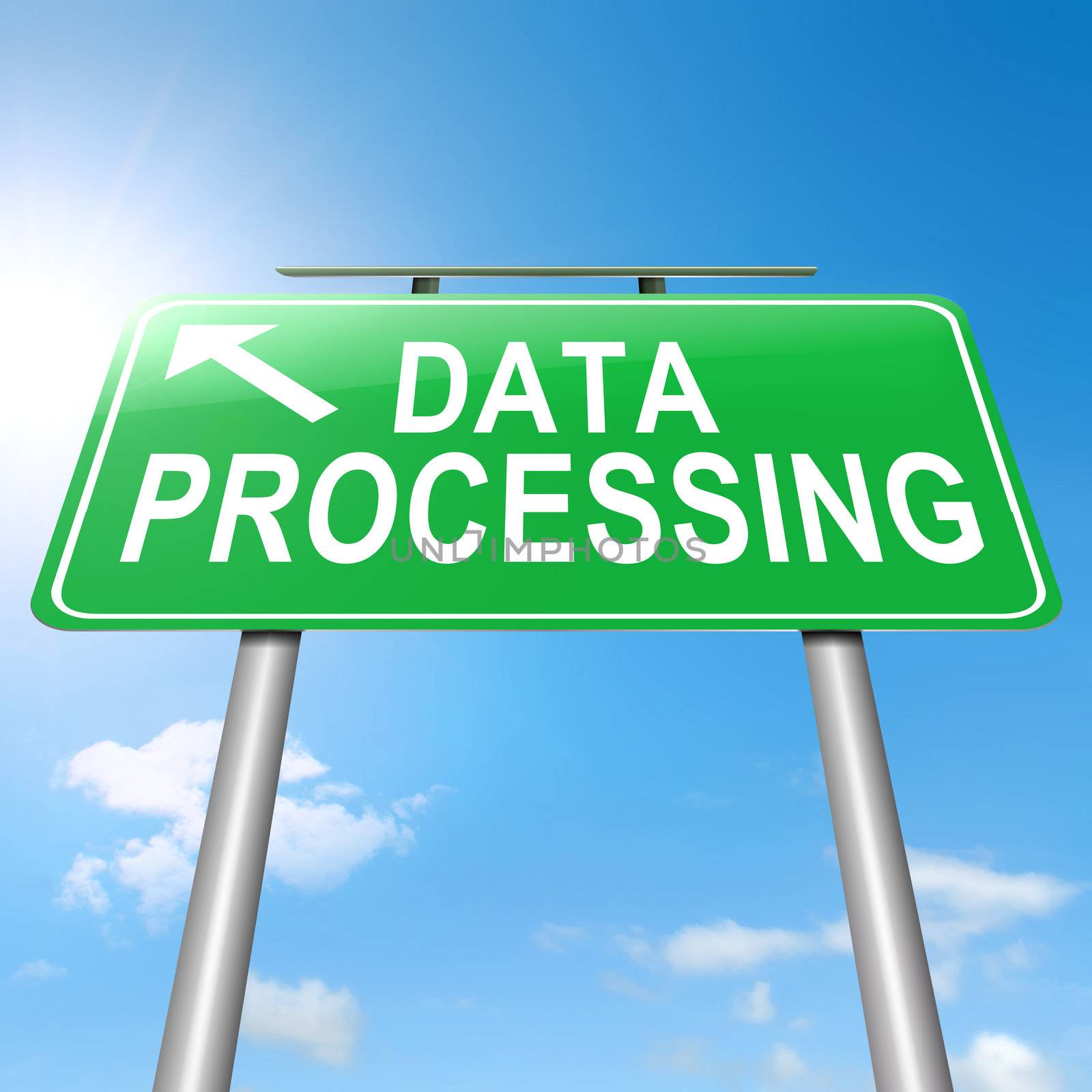 Illustration depicting a roadsign with a data processing concept. Sky background.