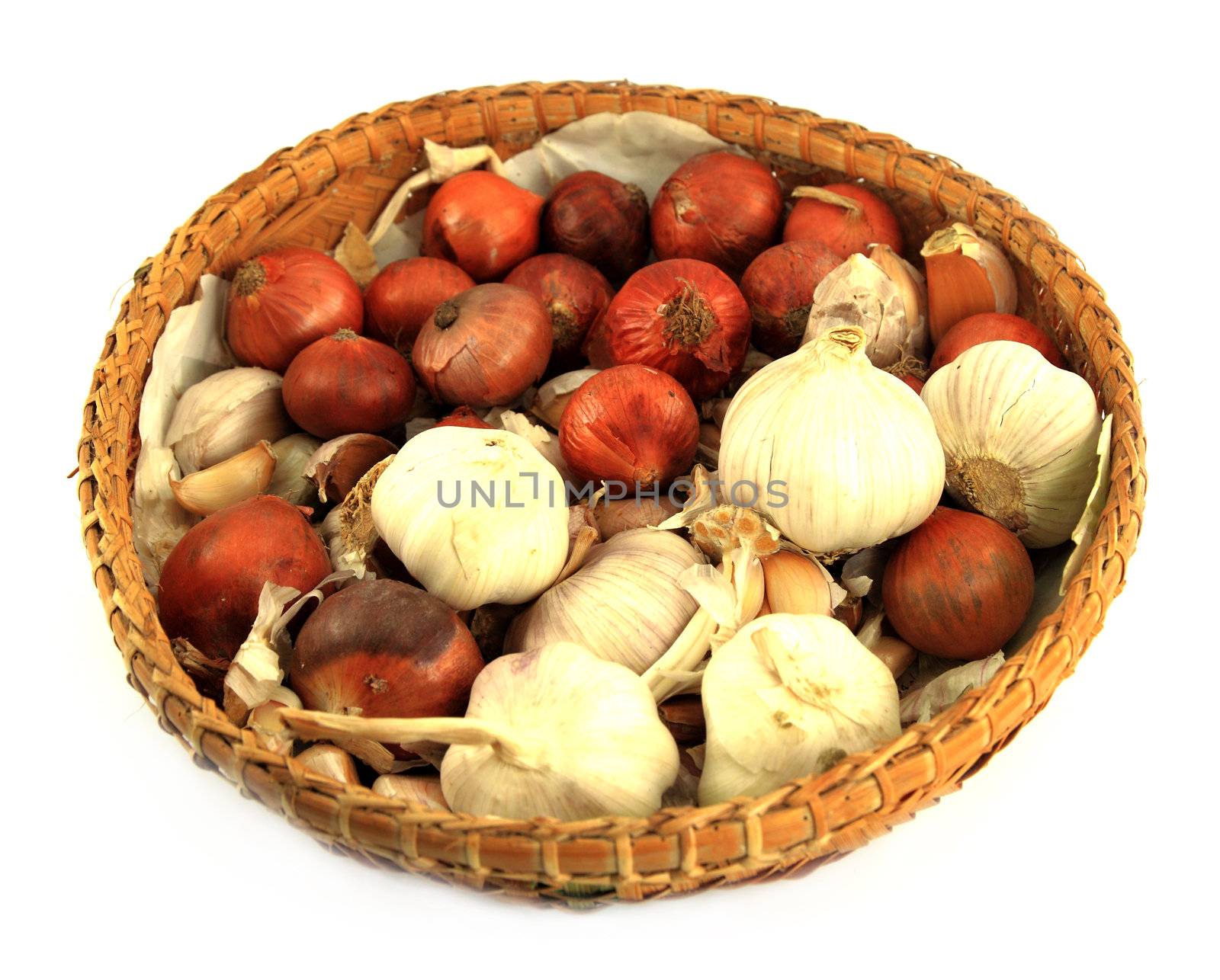 onion and garlic on white background