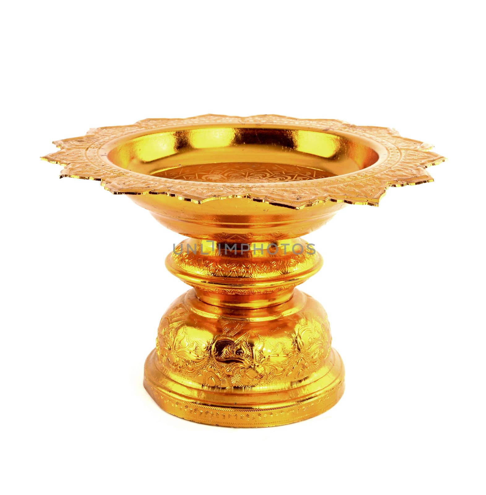 golden tray with pedestal upside down in isolated white background
