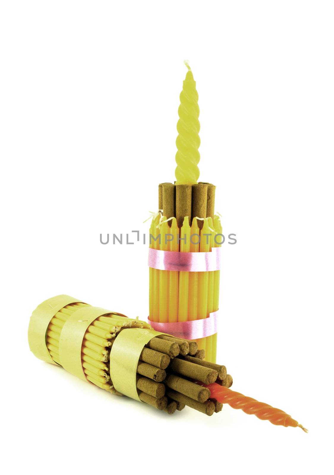 Incense and Candle on white background for Loy Kratong festival, by geargodz