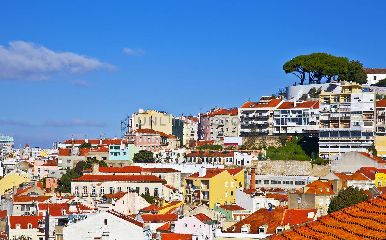 Lisbon panorama, Portugal. Buildings, roofs, churches at blue sky