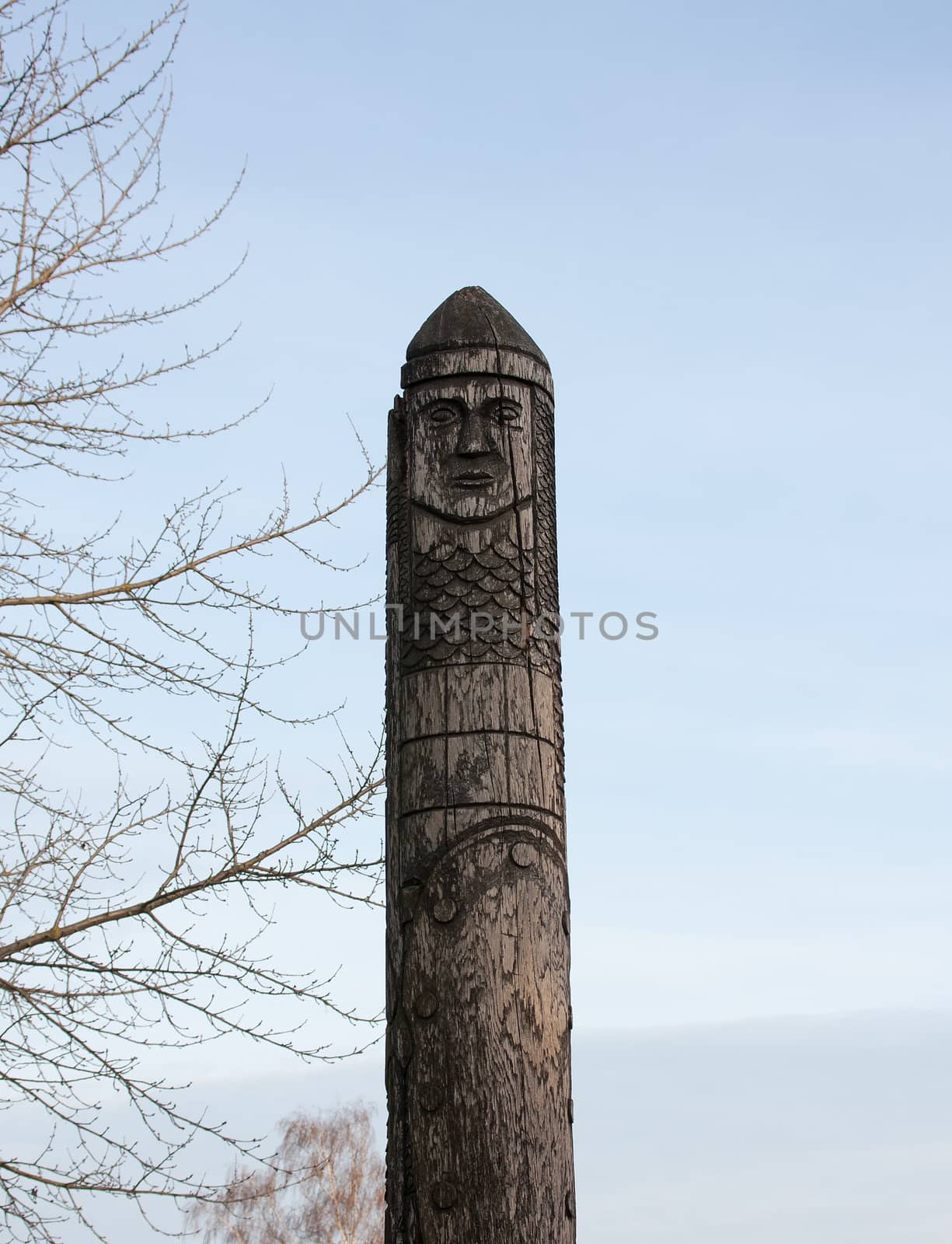 wooden statue of the Slavic god Perun. Dubno, Ukraine