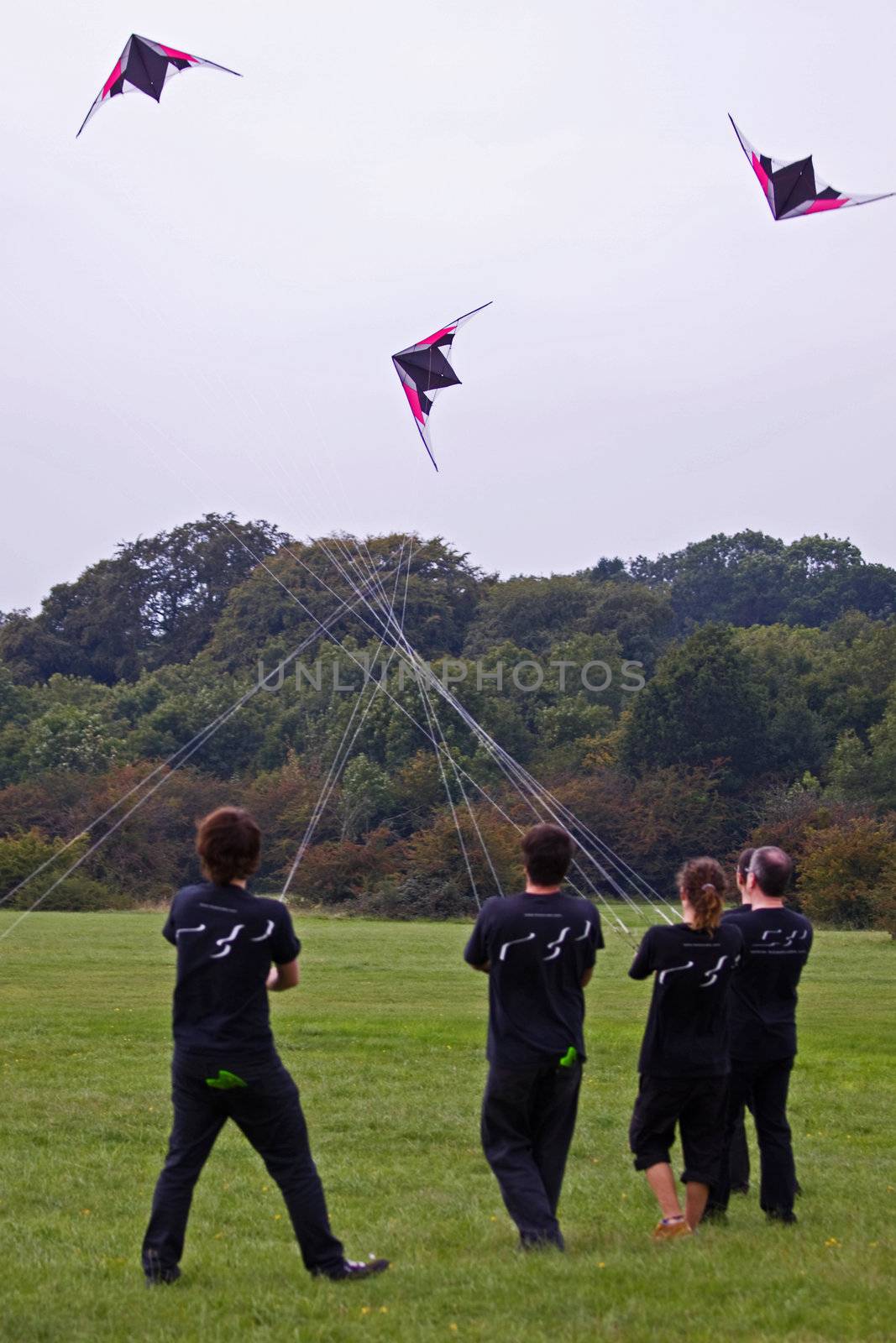 BRISTOL, ENGLAND - SEPTEMBER 4: Members of a kite flying team coping with a strong wind at the International Kite Festival in Bristol, England on September 4, 2010