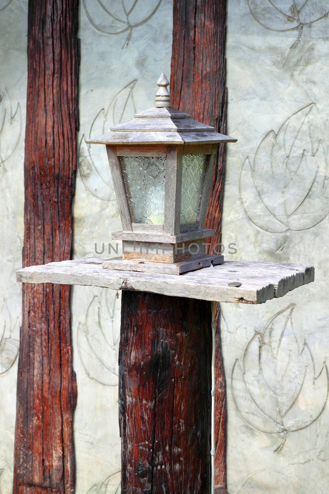 wood ancient lamp in resort at Khaokho, Thailand  by geargodz