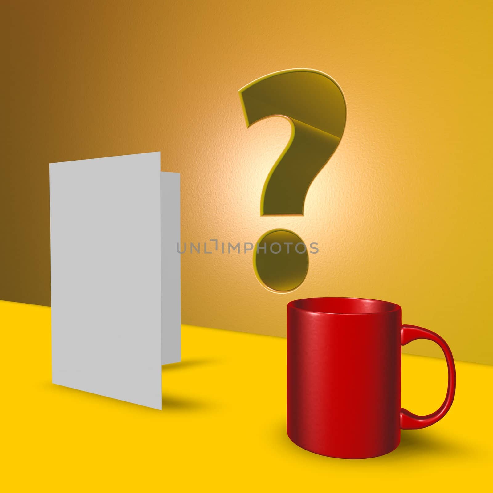 red cup, blank card and question mark - 3d illustration