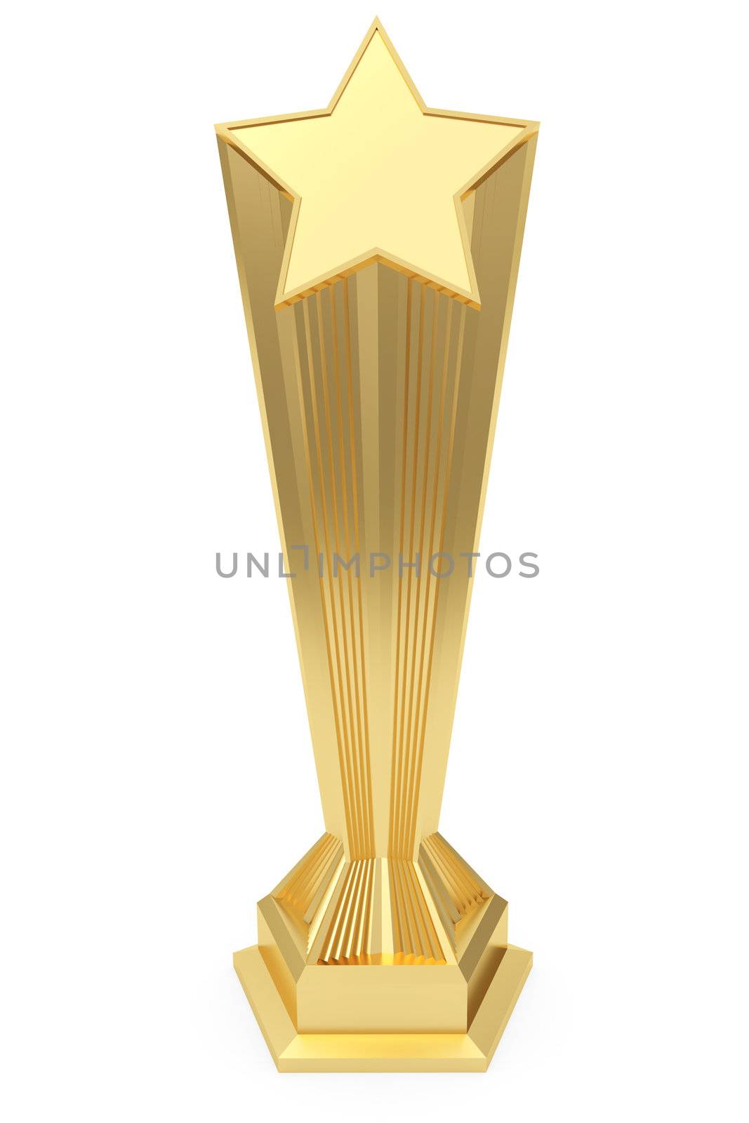 Gold star prize on pedestal with blank plate isolated on white. High resolution 3D image