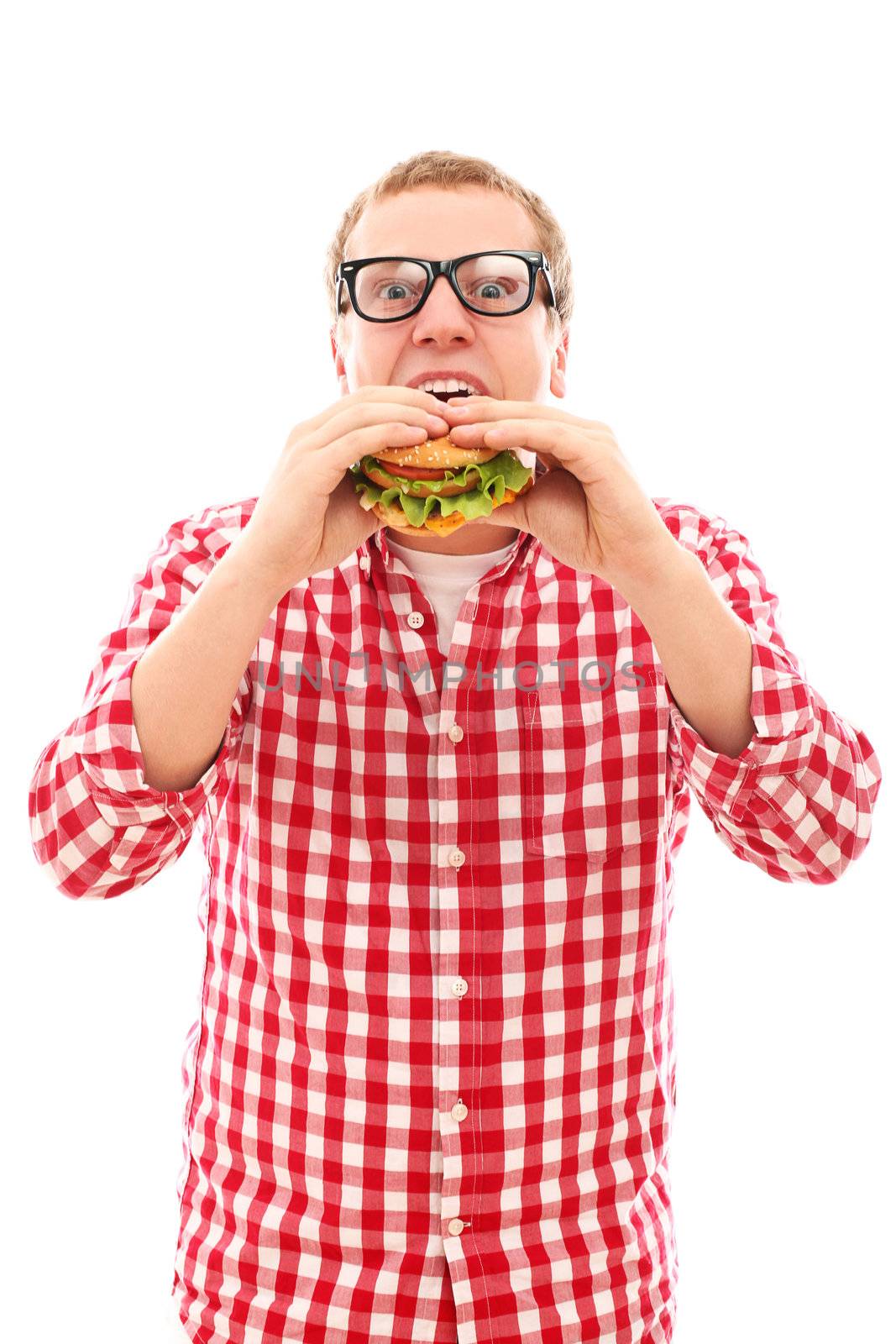 Funny man in glasses eating hamburger isolated on a white