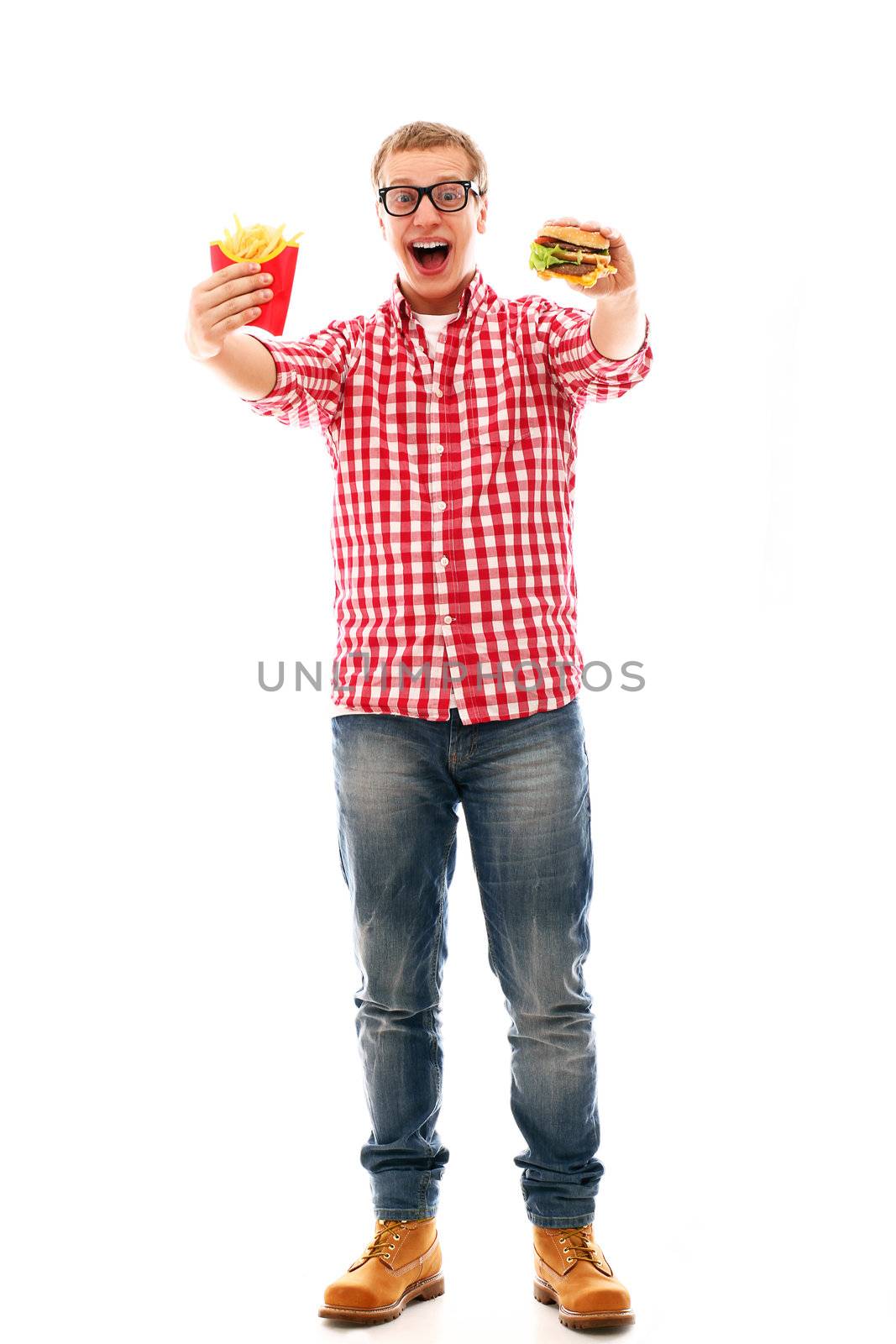 Funny man in glasses with crisp french fries and hamburger