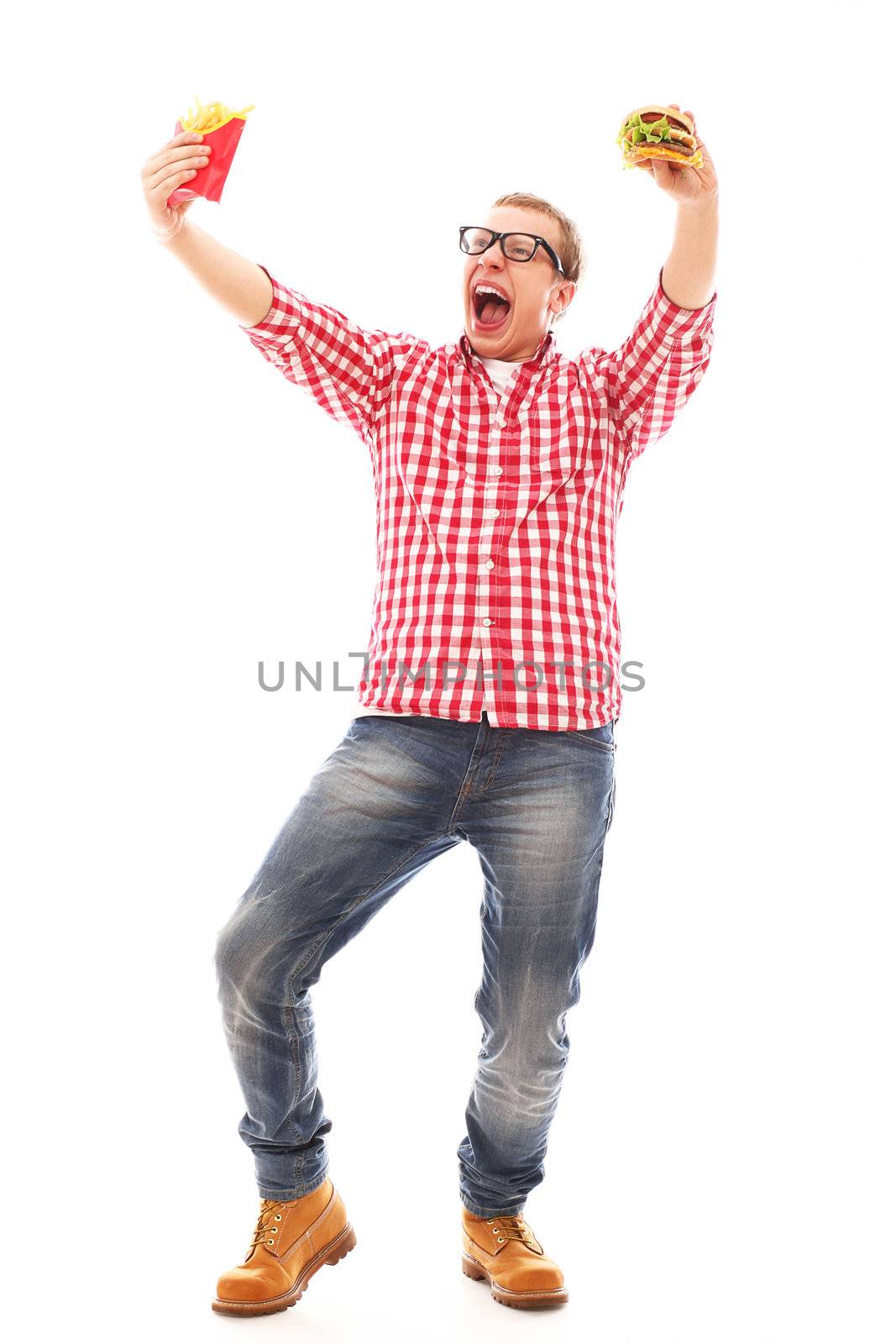 Funny man in glasses with crisp french fries and hamburger