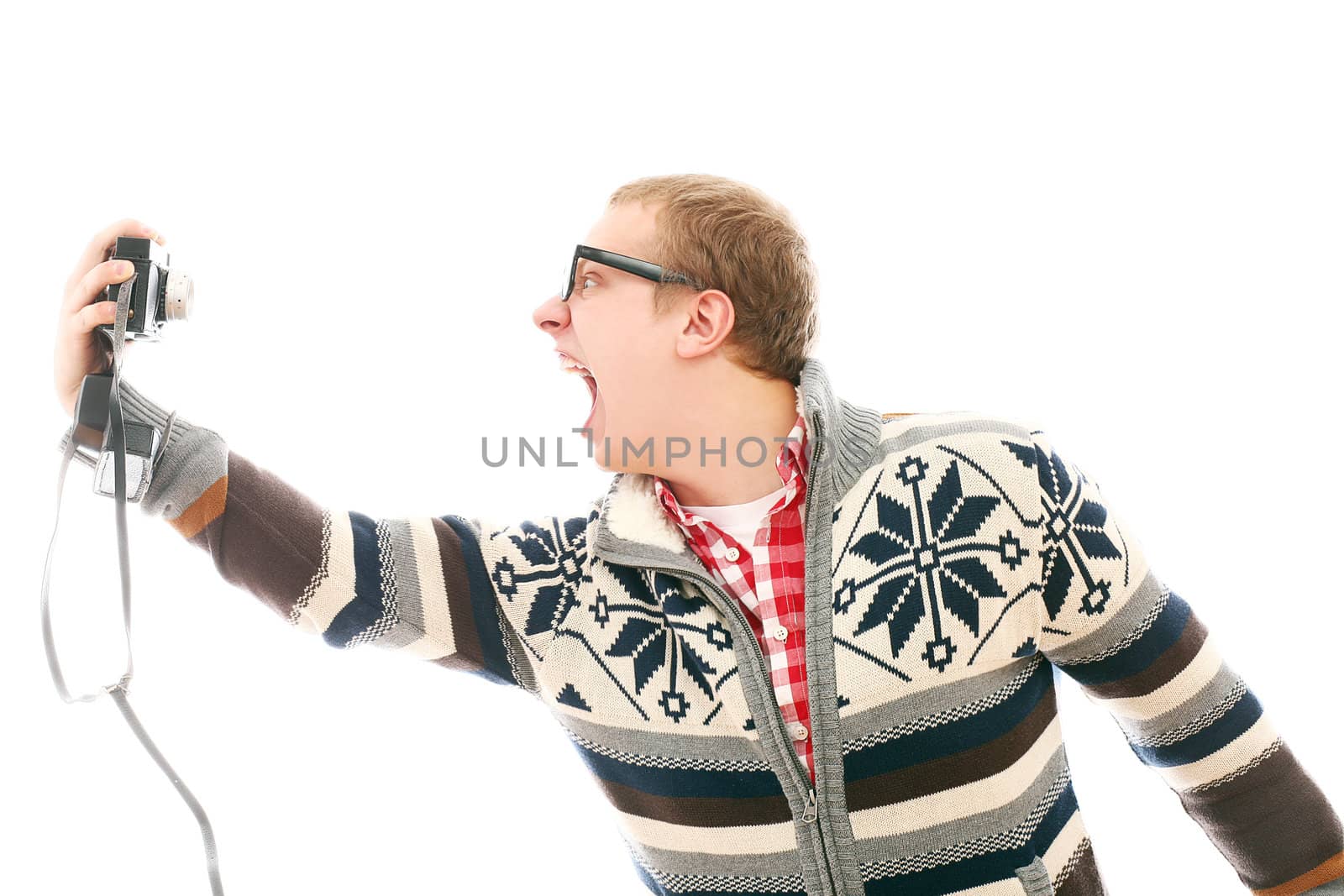 Crazy man with camera shooting him self isolated on a white