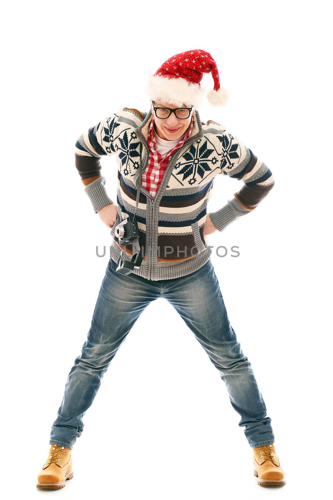 Funny man in christmas hat with camera hat isolated on a wite