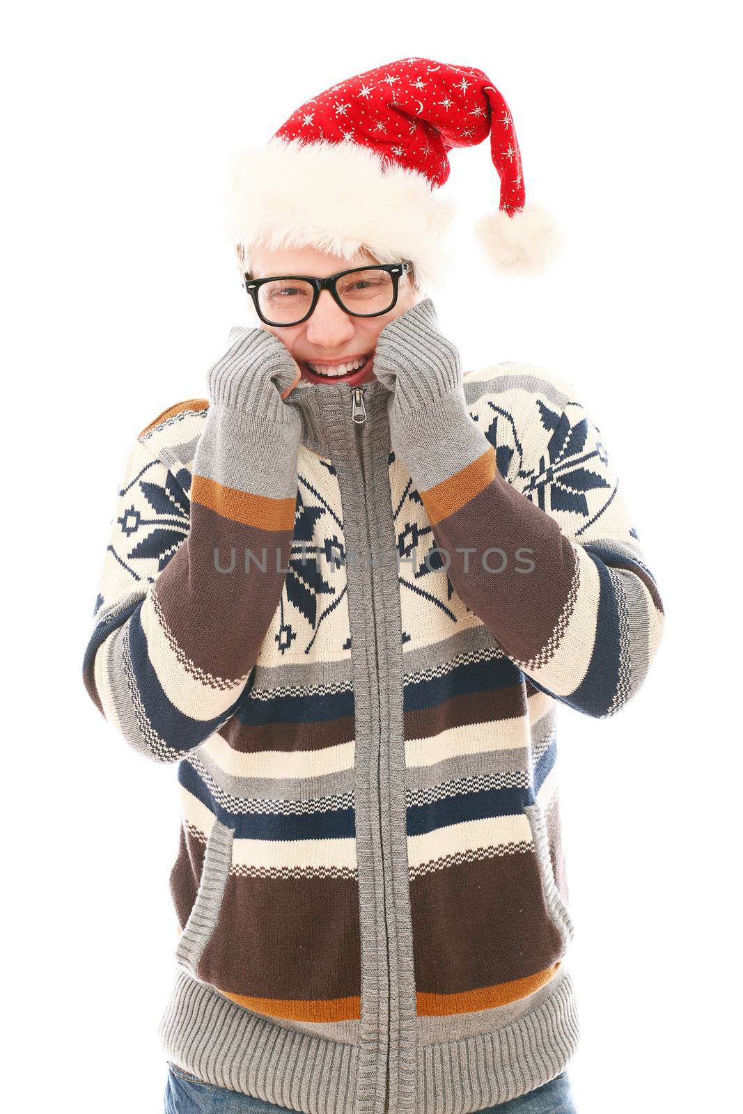 Funny man with glasses in christmas hat isolated on a wite