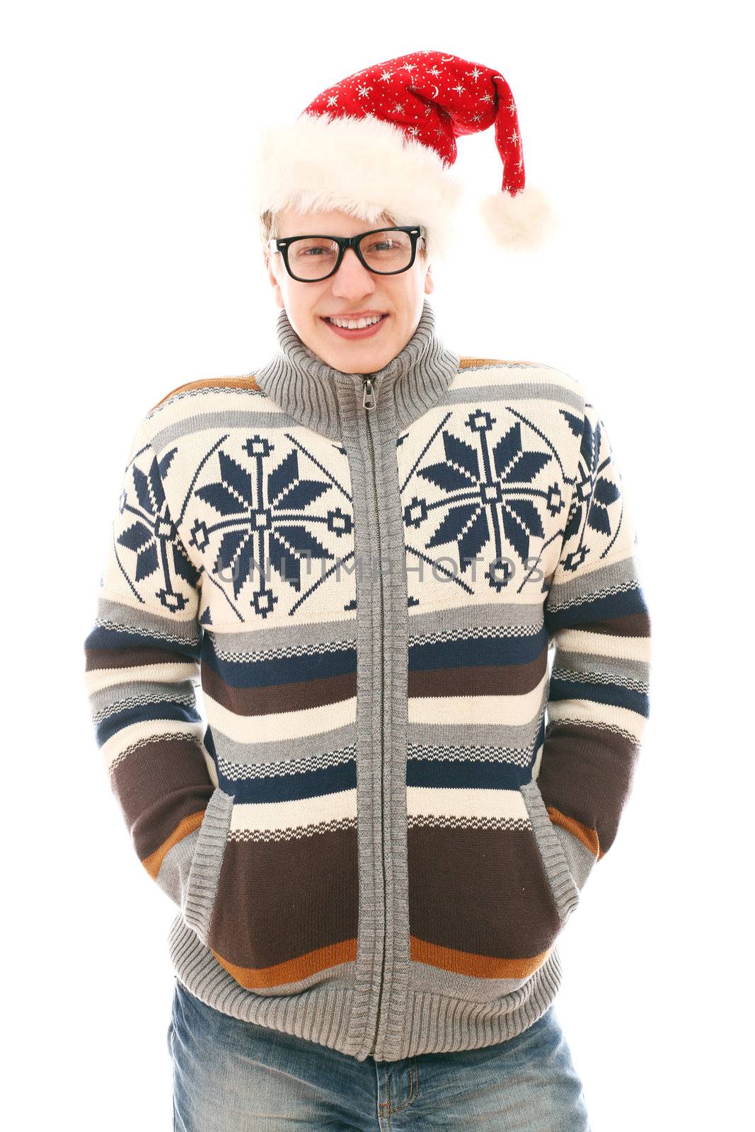 Funny man with glasses in christmas hat isolated on a wite