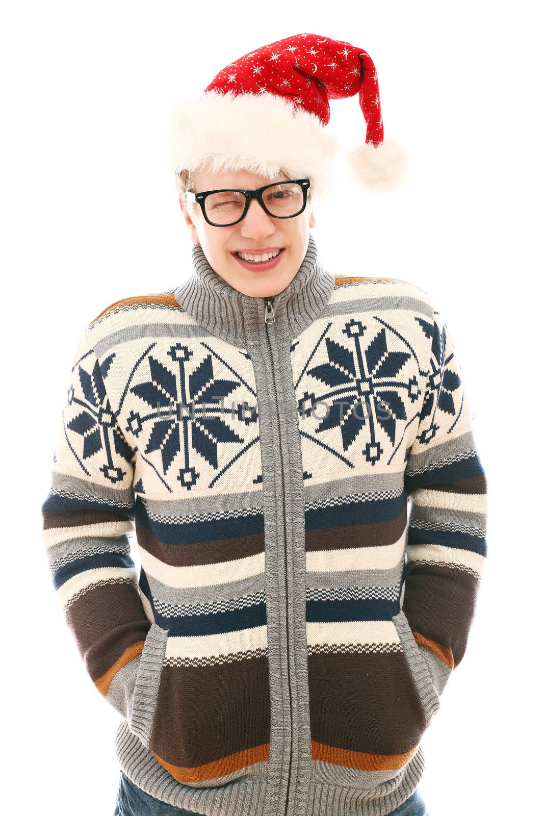 Funny man with glasses in christmas hat isolated on a wite