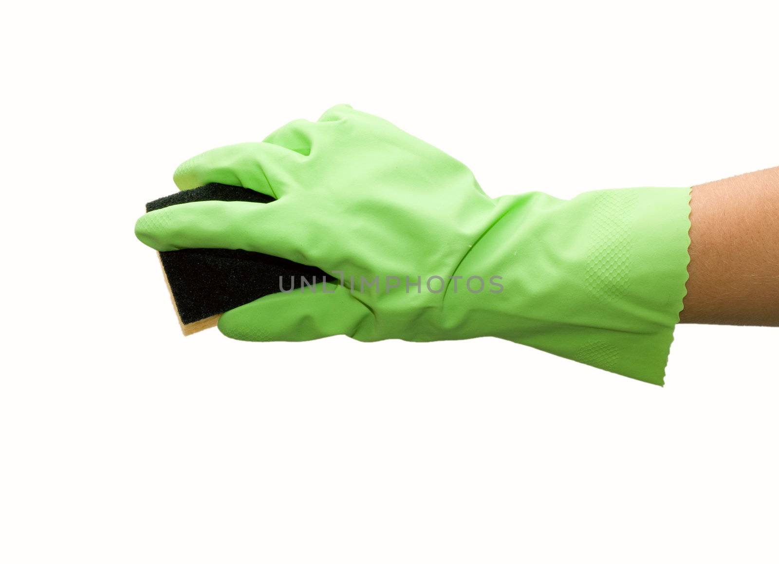 Close up of hand in gloves holding sponge for housework on white background 