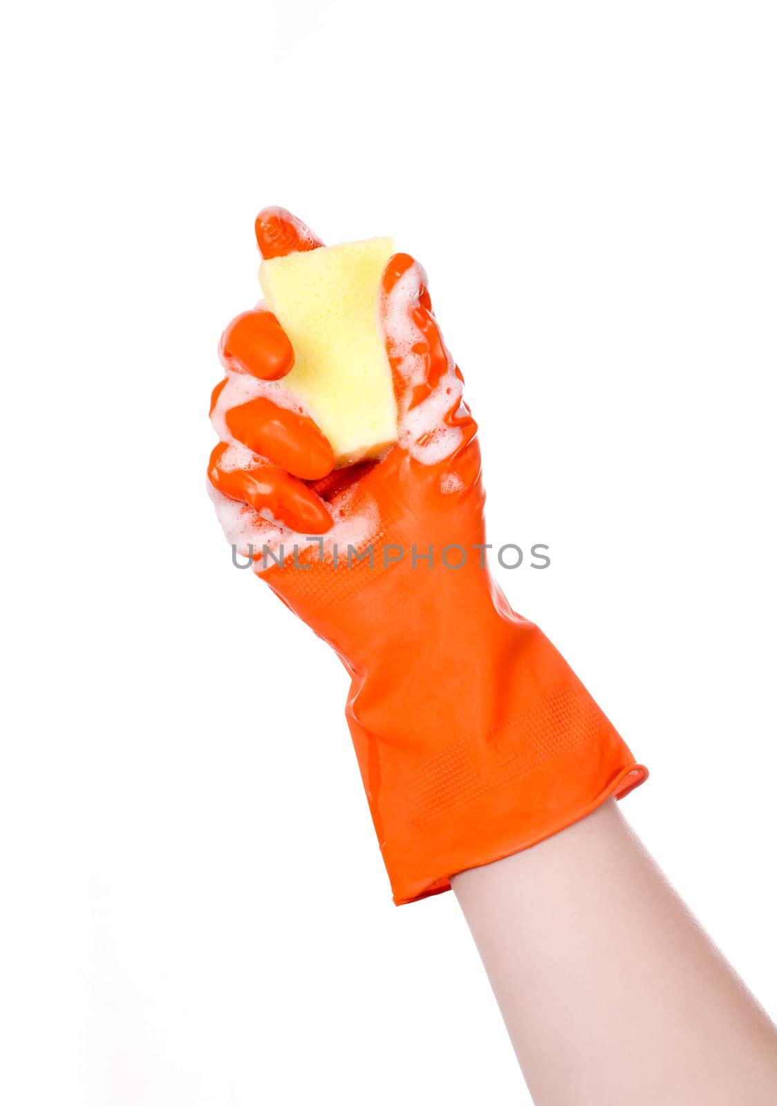 Hand with orange glove holding foamy cleaning sponge isolated on white
