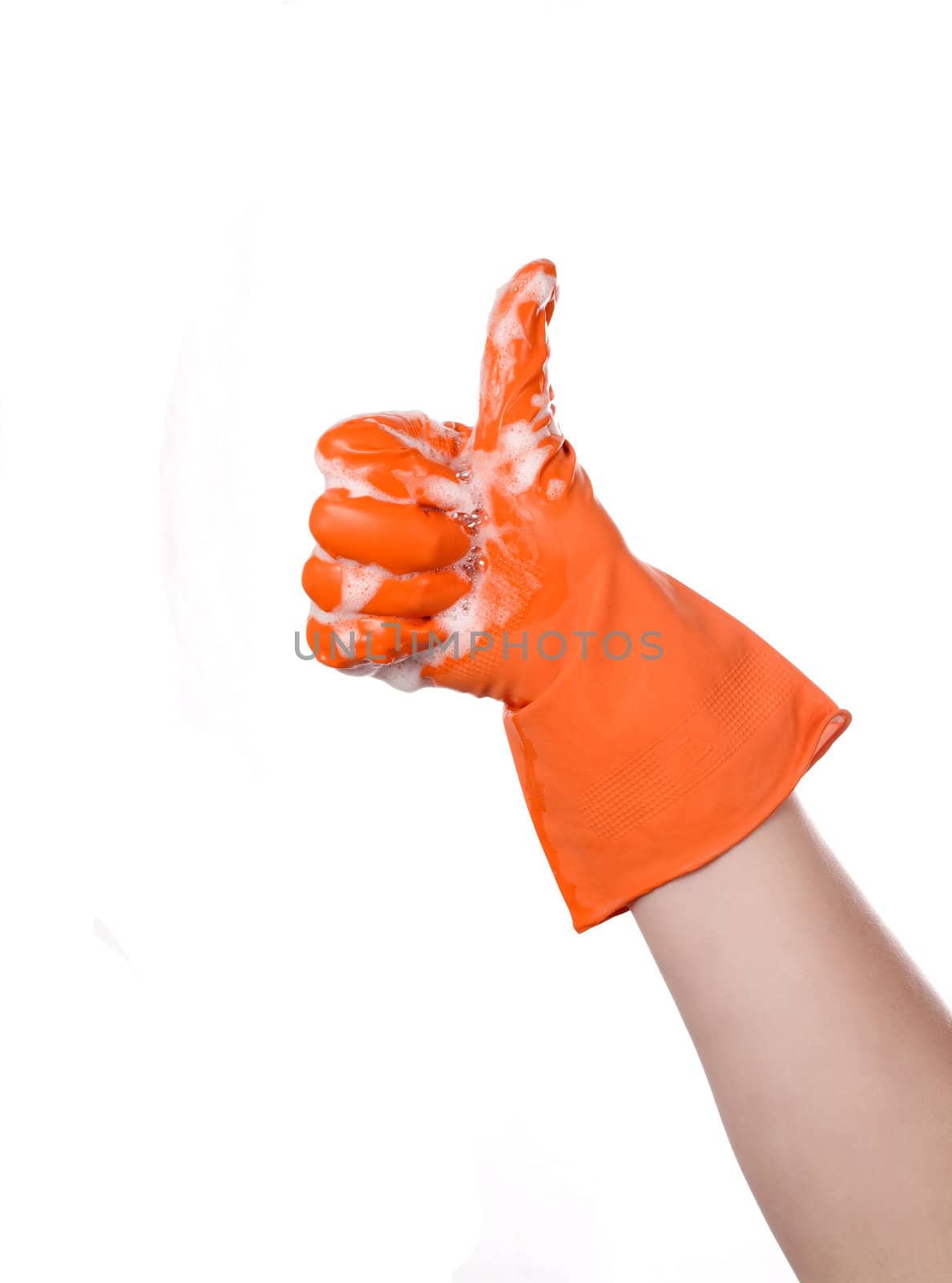 Hand in glove with orange foam shows a ok
