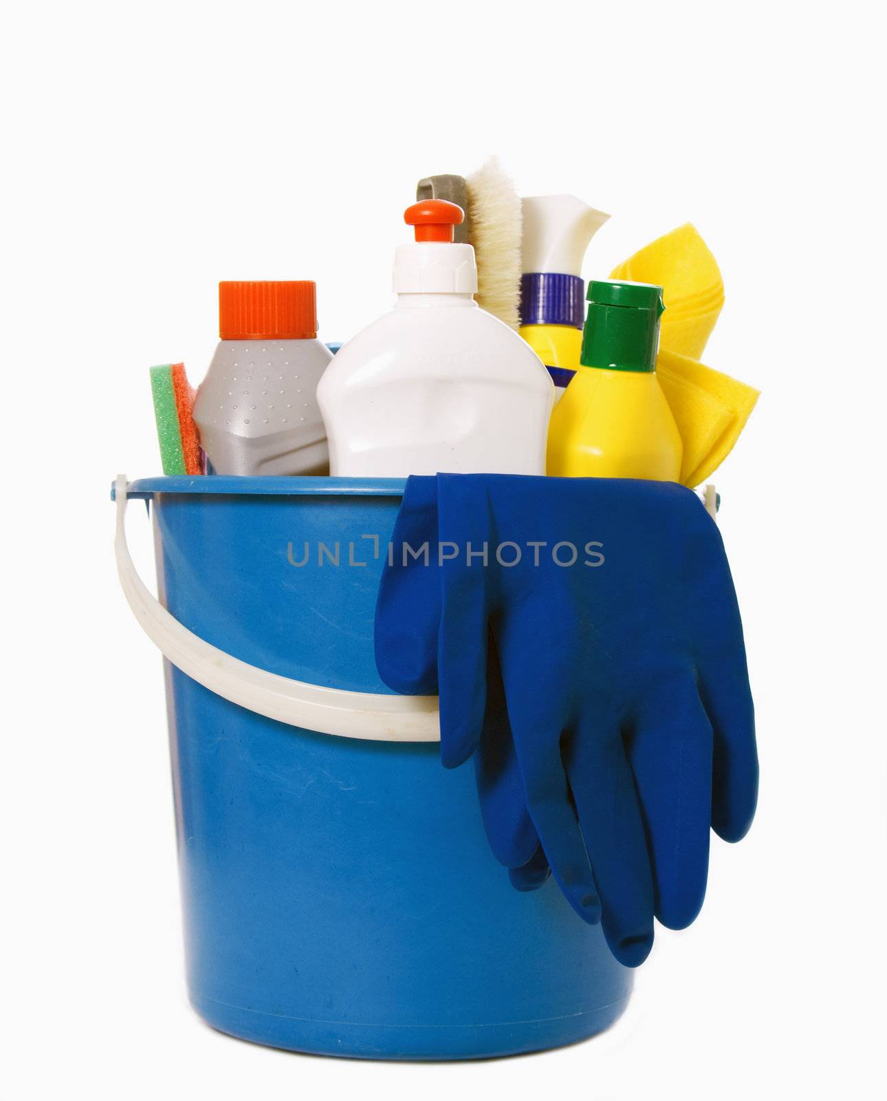 detergent bottles, brushes, gloves and sponges in bucket isolated on white