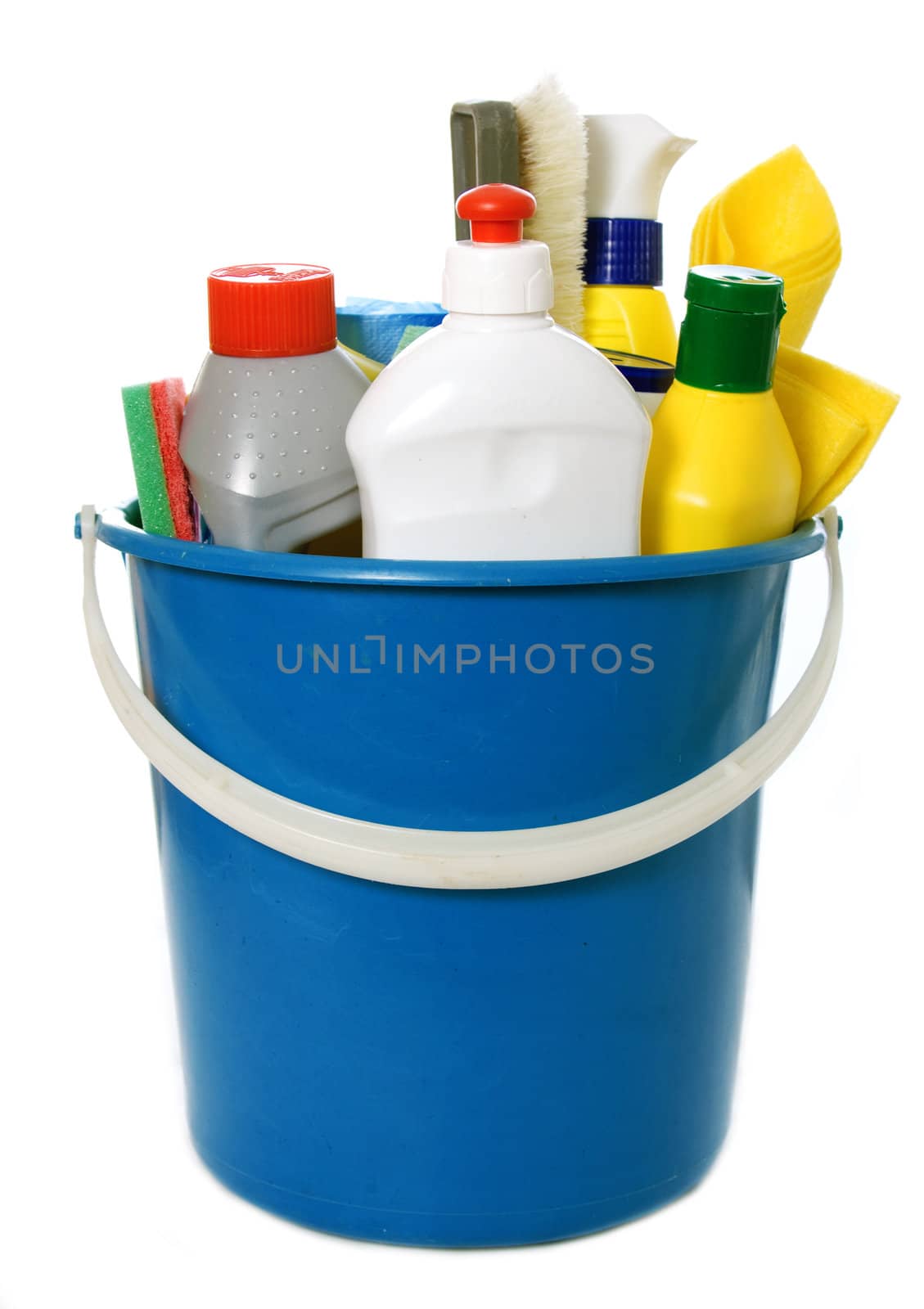 detergent bottles, brushes, gloves and sponges in bucket isolated on white