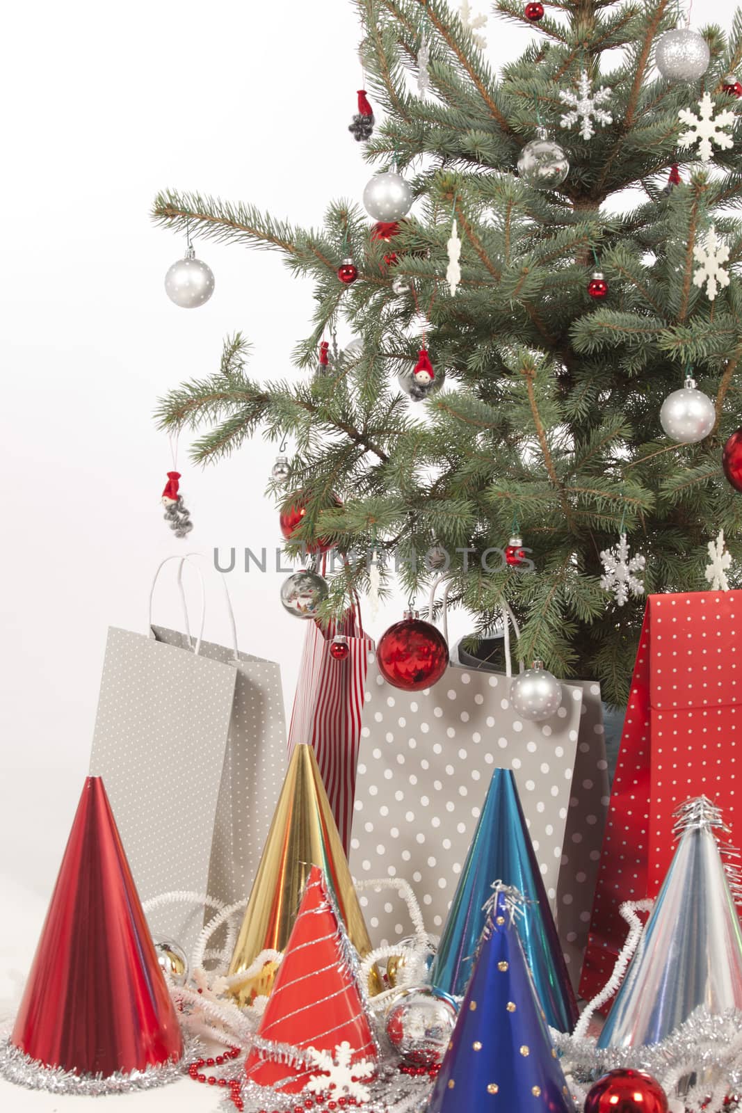 Decorated Christmas tree on white background