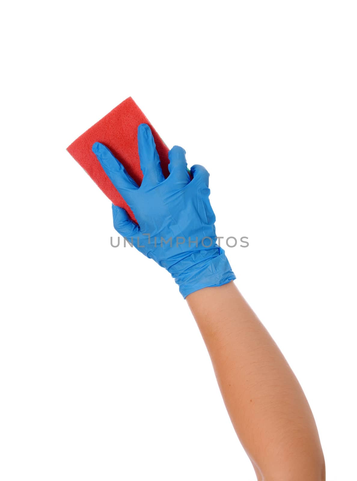 Blue cleaning gloves with a sponge against a white background