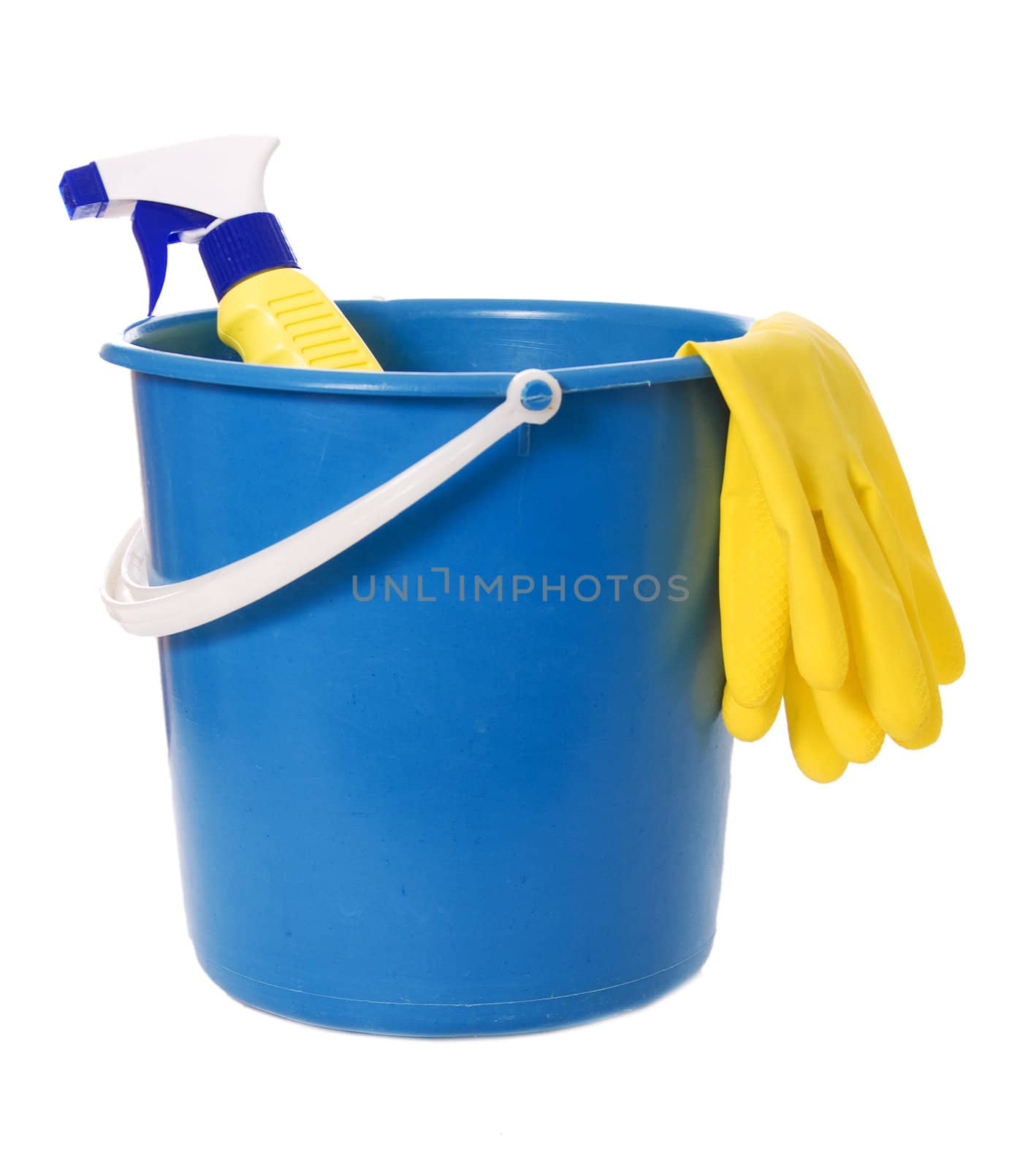 bucket with a bottle and gloves isolated on white background