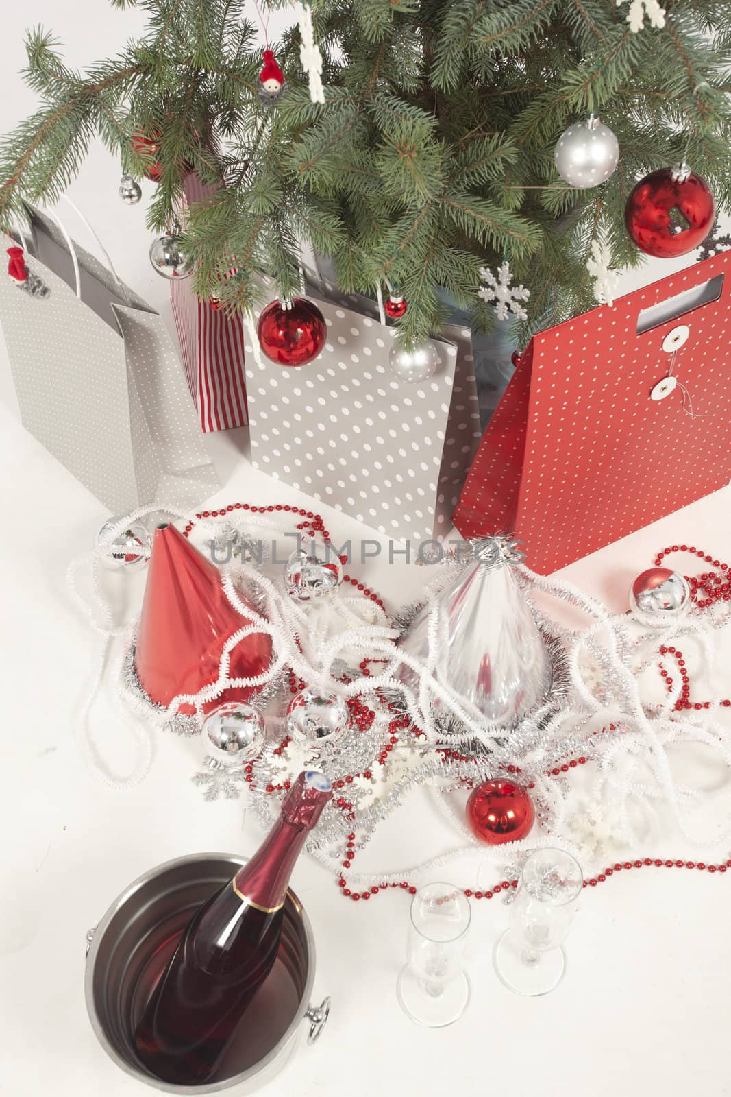 Decorated Christmas tree on white background