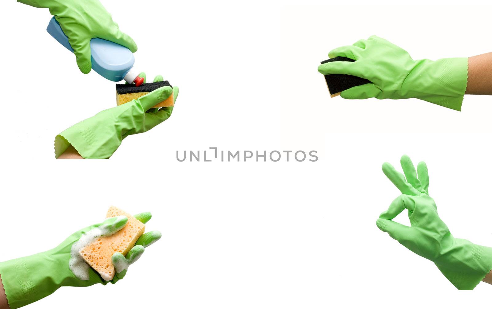 Hand with green glove holding foamy cleaning sponge isolated on white