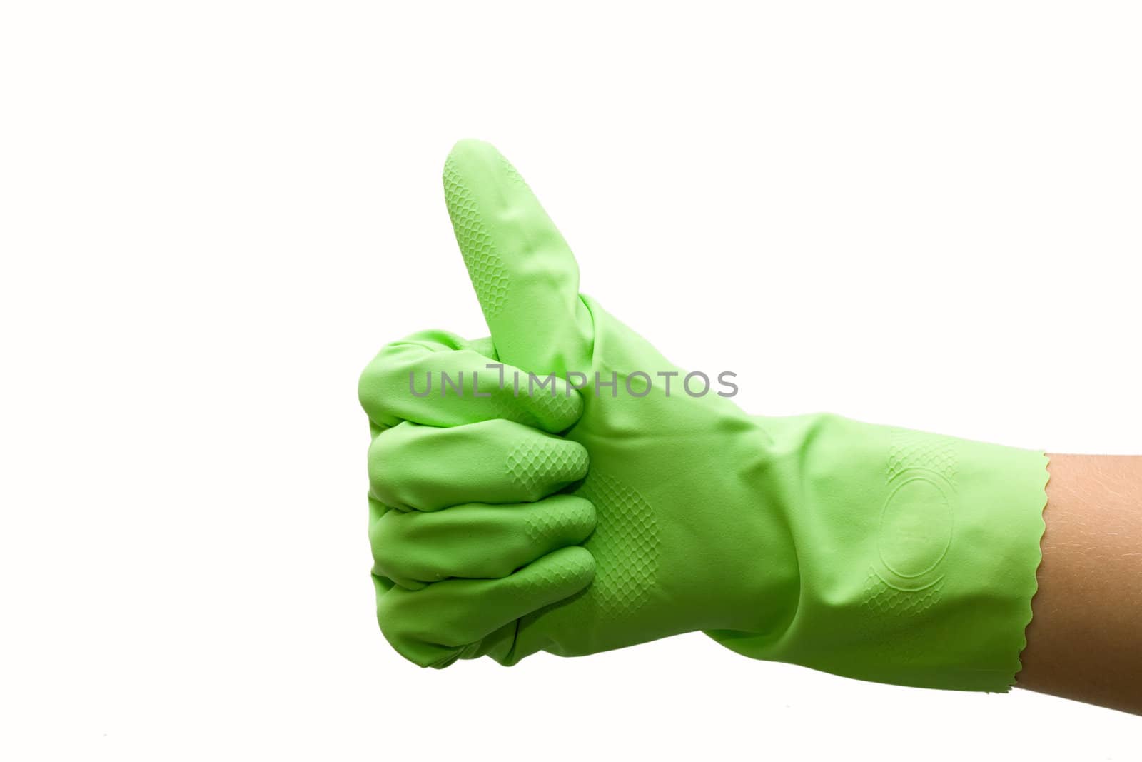 Woman hand in green rubber glove gesturing ok (yes) isolated on white background