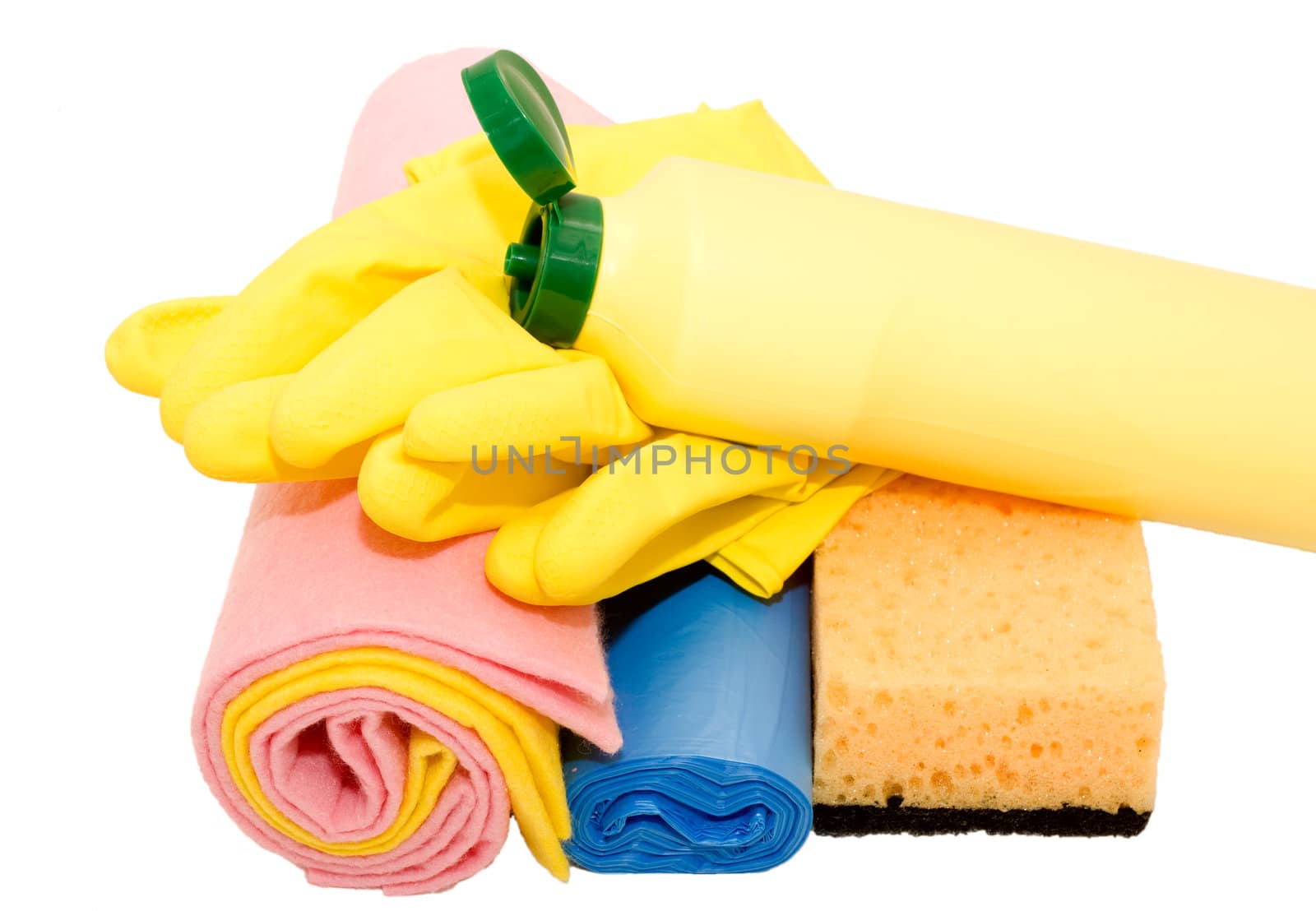 Cleaning supplies laid out on the floor, ready for the daily chores..
