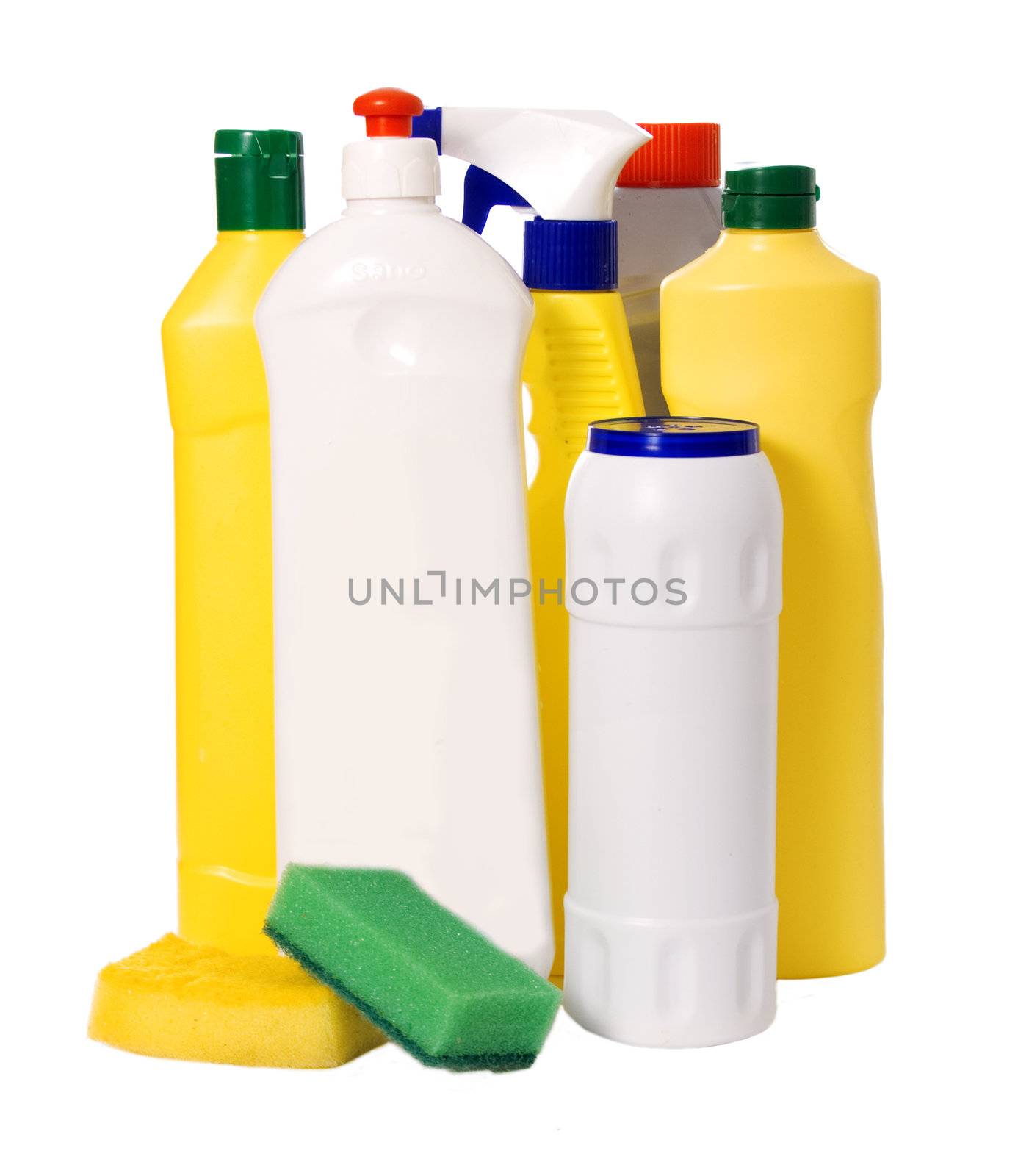 detergent bottles and sponges isolated on white